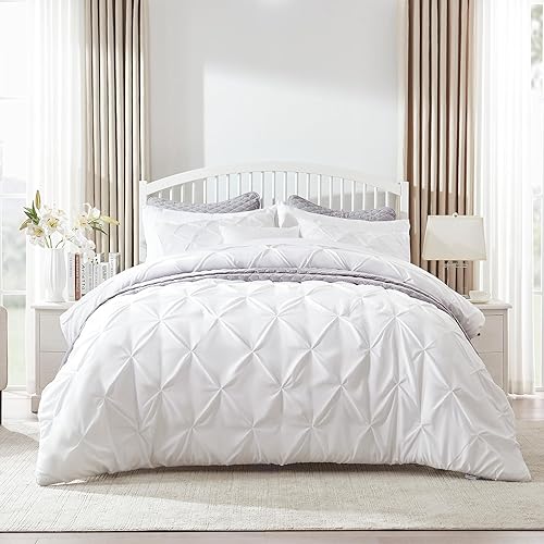 Juego de ropa de cama tamaño King con edredón y sábanas, 7 piezas para todas las estaciones, estilo pintuck duradero, diseño blanco puro para