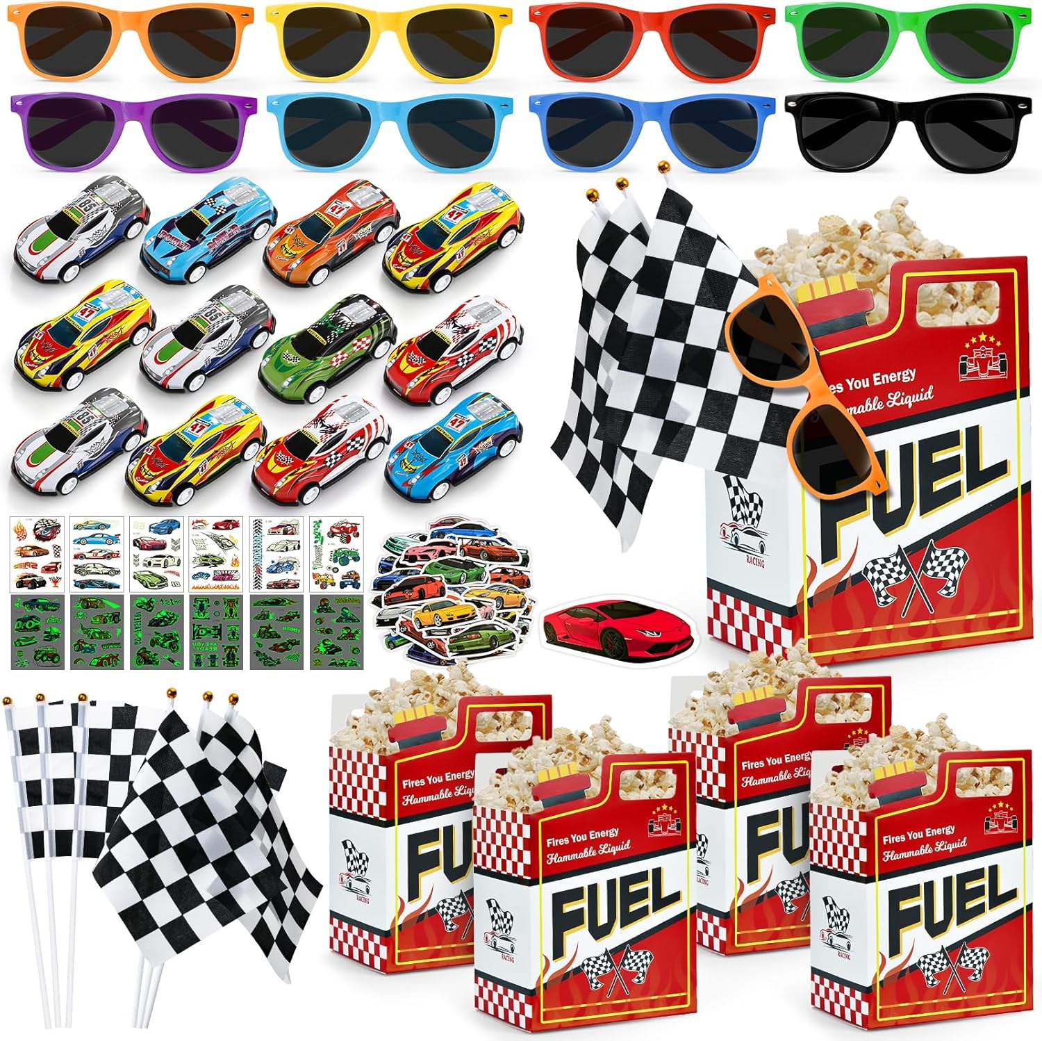 120Pcs Race Car Party Favors Birthday Supplies, Gift Box Sunglasses Flag Mini Race Car Sticker Birthday Goodie Bag Stuffers Racing RaceCar-Themed Party Supplies Decorations for Boys Kids 3-5 4-8