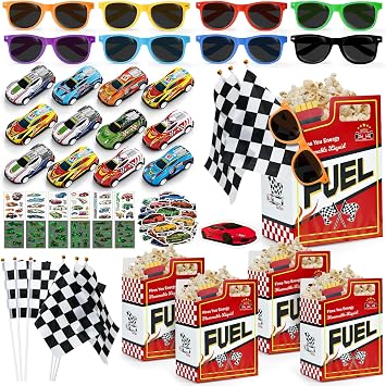 SNLN 120Pcs Race Car Party Favors Birthday Supplies, Gift Box Sunglasses Flag Mini Race Car Sticker Birthday Goodie Bag Stuffers Racing RaceCar-Themed Party Supplies Decorations for Boys Kids 3-5 4-8