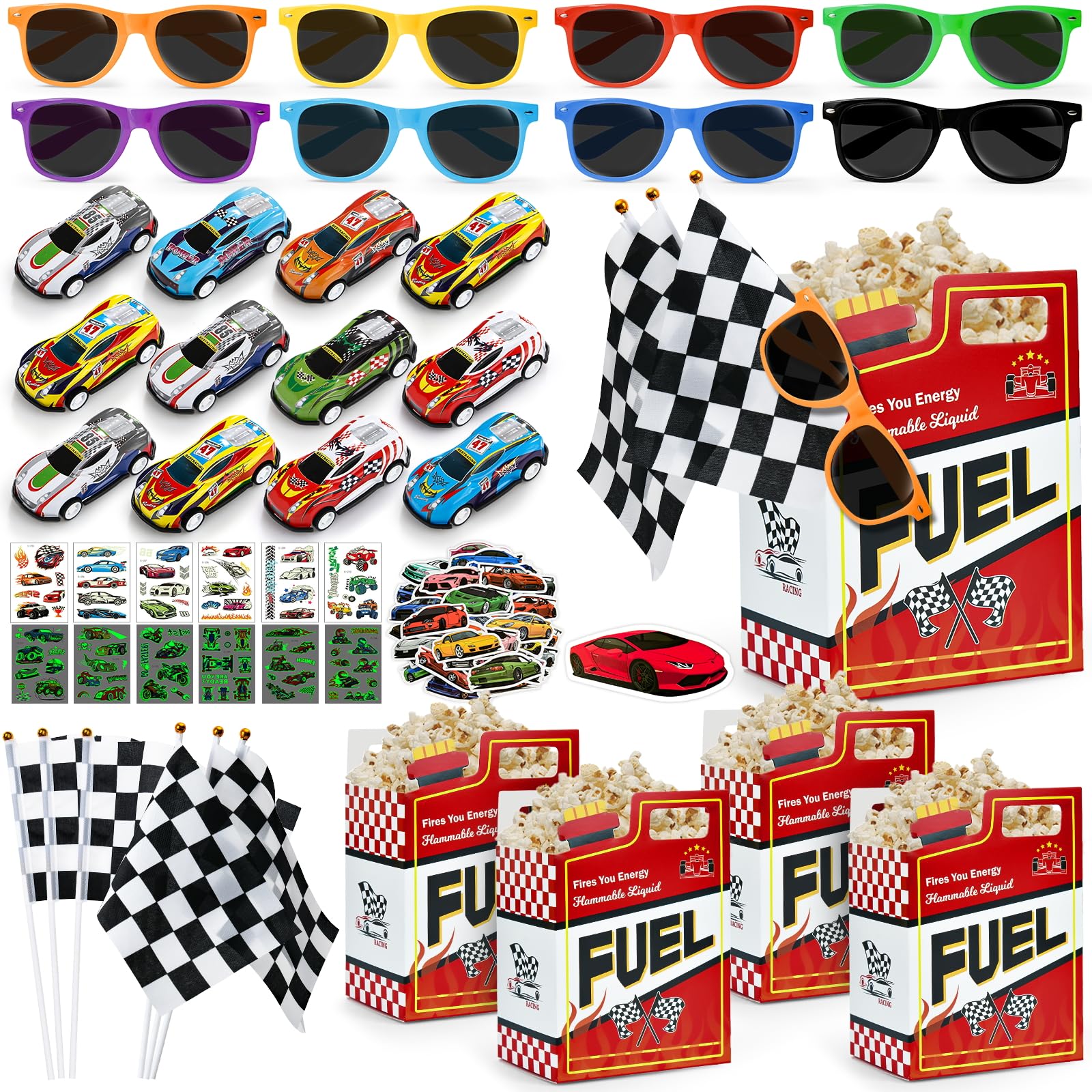 SNLN 120Pcs Race Car Party Favors Birthday Supplies, Gift Box Sunglasses Flag Mini Race Car Sticker Birthday Goodie Bag Stuffers Racing RaceCar-Themed