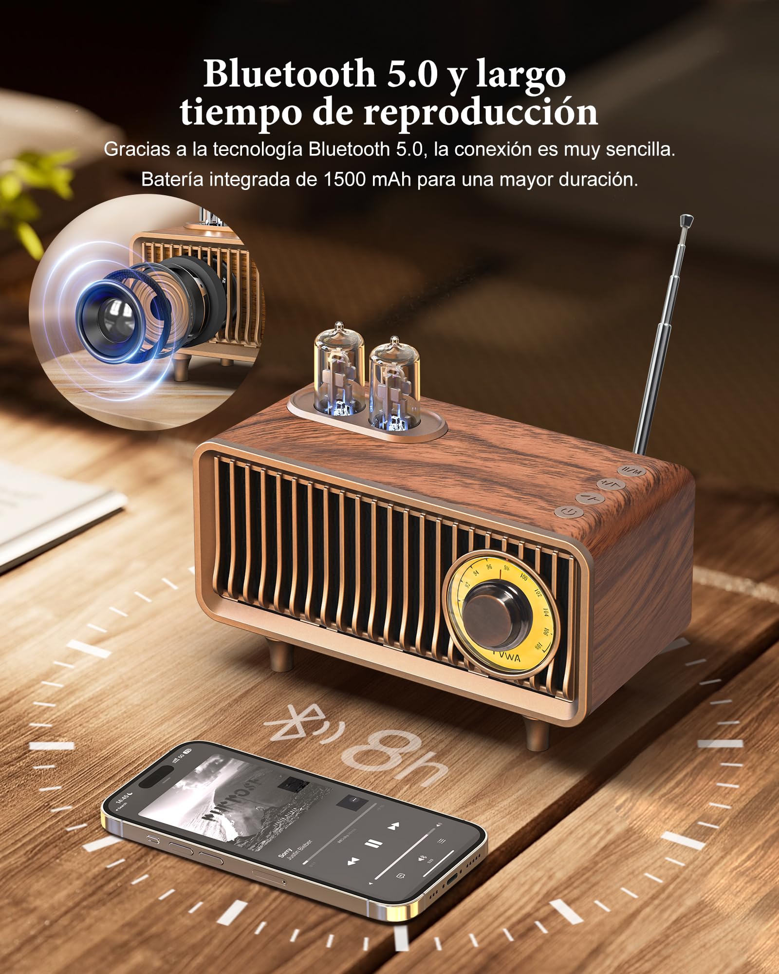 COLSUR Radio Vintage Retro Altavoz Bluetooth, Mini FM Recargable de 5W 1500Mh, Altavoz Sonido de Graves, Soporta la Entrada AUX, Transistor Radio para Cocina, Salón, Jardín
