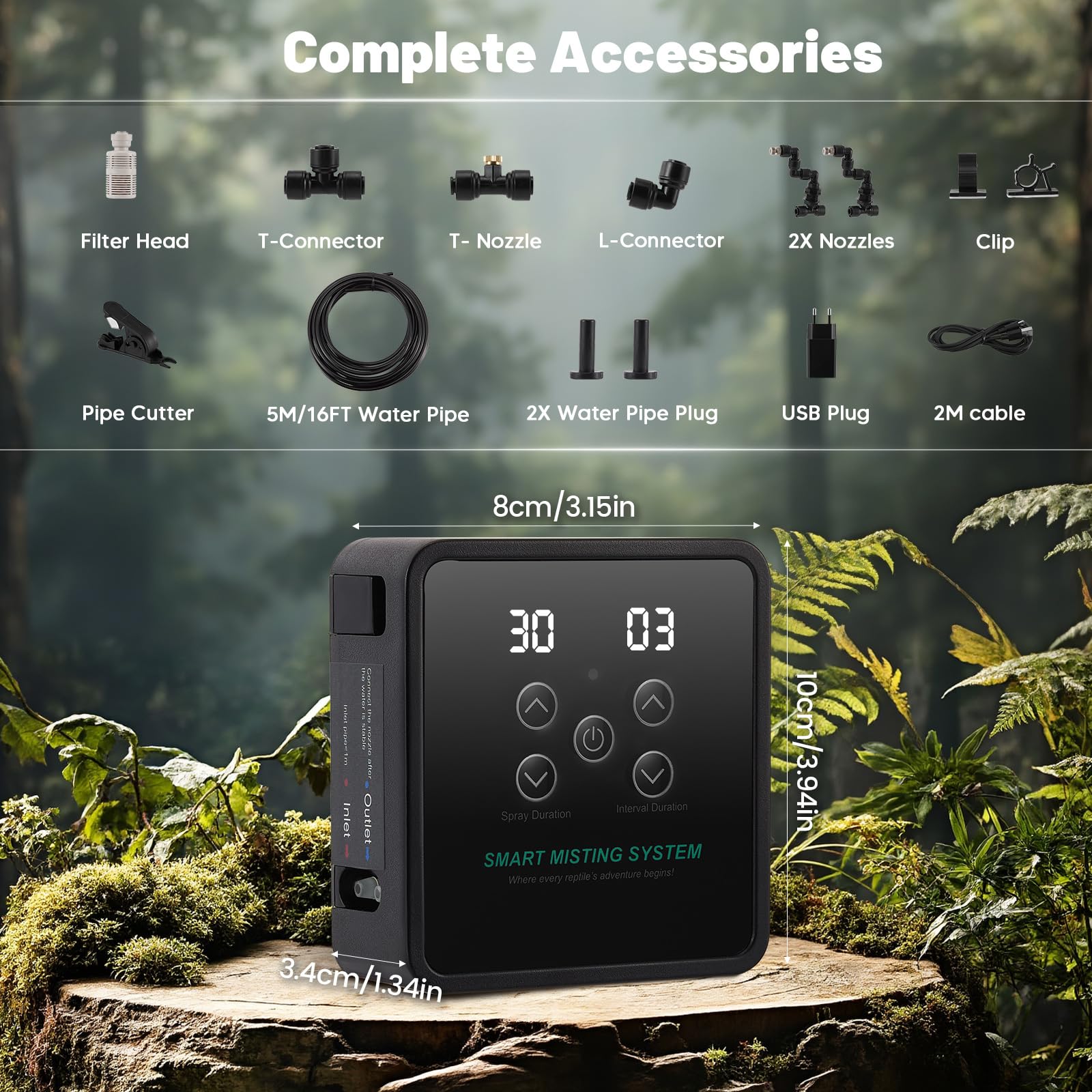 Beregnungsanlage Terrarium, Intelligentes Luftbefeuchter Terrarium mit Fernbedienung, Timer und Sprühdüsen 360 ° Verstellbare, Vernebler Terrarium für Amphibien Reptilien Pflanzen, Schwarz