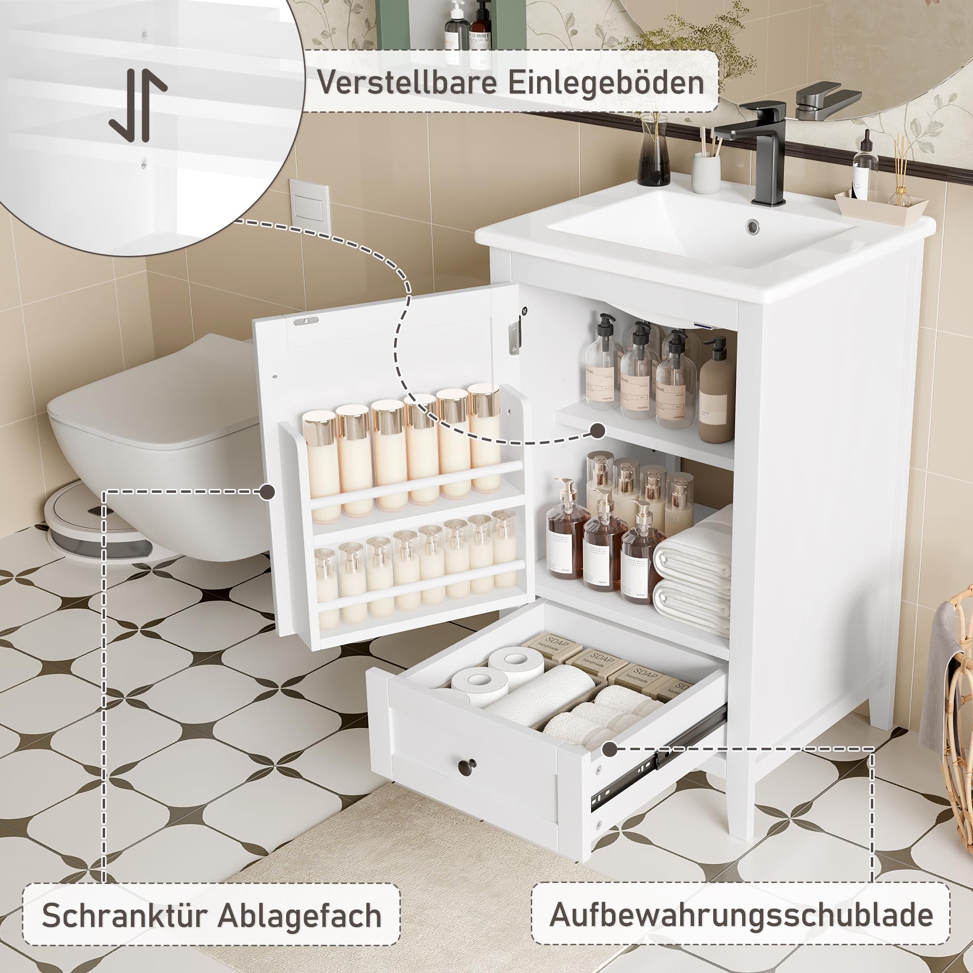 51 x 46 x 85 cm, mueble de baño de pie con lavabo, lavabo completamente lacado, estante para puerta, cajón silencioso con gran capacidad, estante ajustable, lavabo de cerámica, color blanco