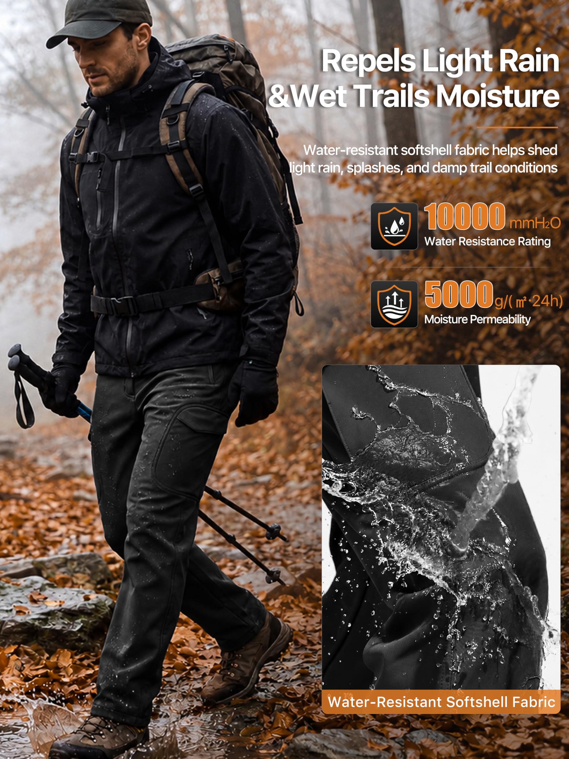 Free Soldier, pantaloni cargo da uomo in softshell foderati in pile da neve e trekking (nero A-Regular 40W x 30L)