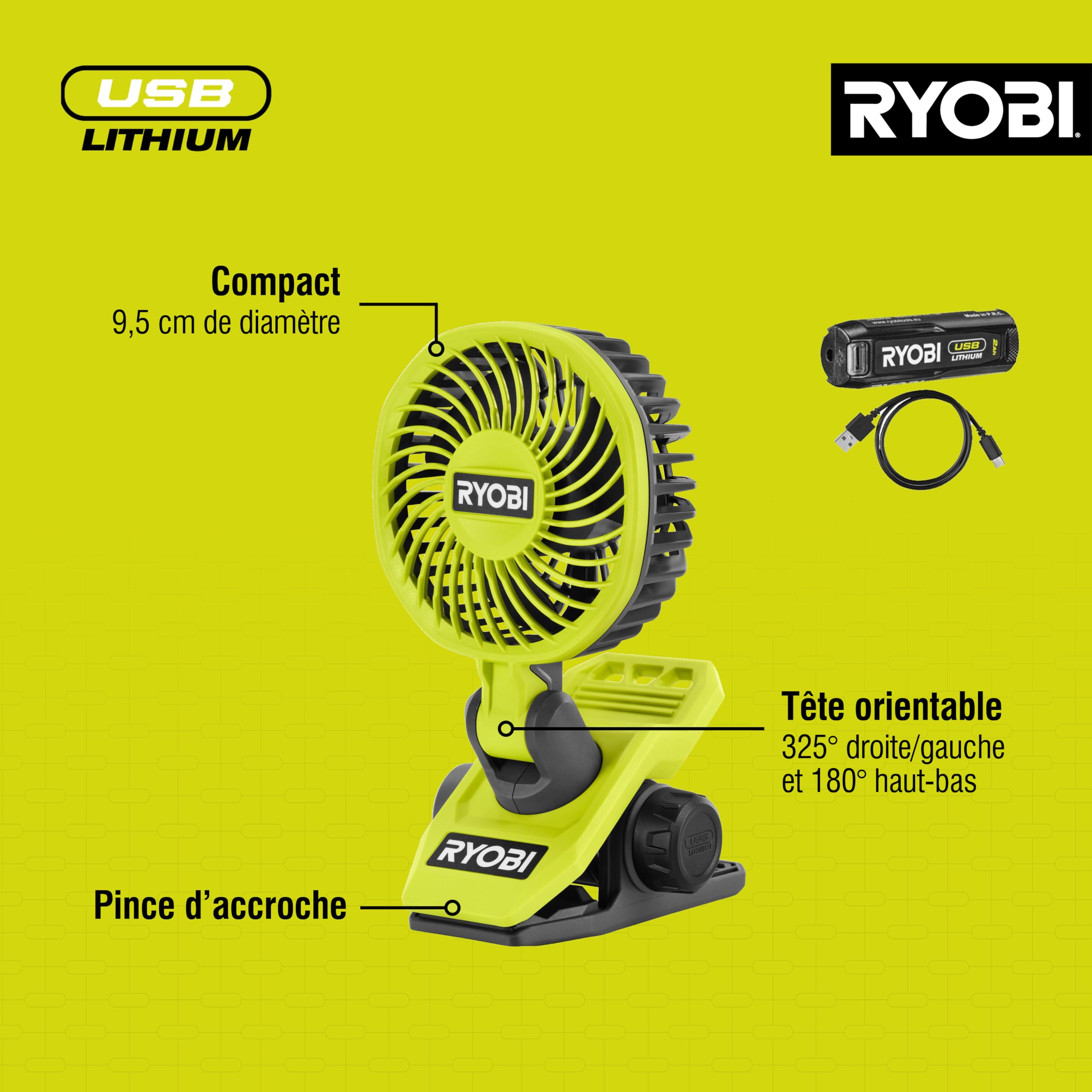 RYOBI - Ventilateur à Pince 4V USB Lithium RCF4-120G - Portable & Orientable - Idéal pour Se Rafraîchir en Bricolant, Camping ou Bureau - Inclus Batterie 2,0Ah & Câble