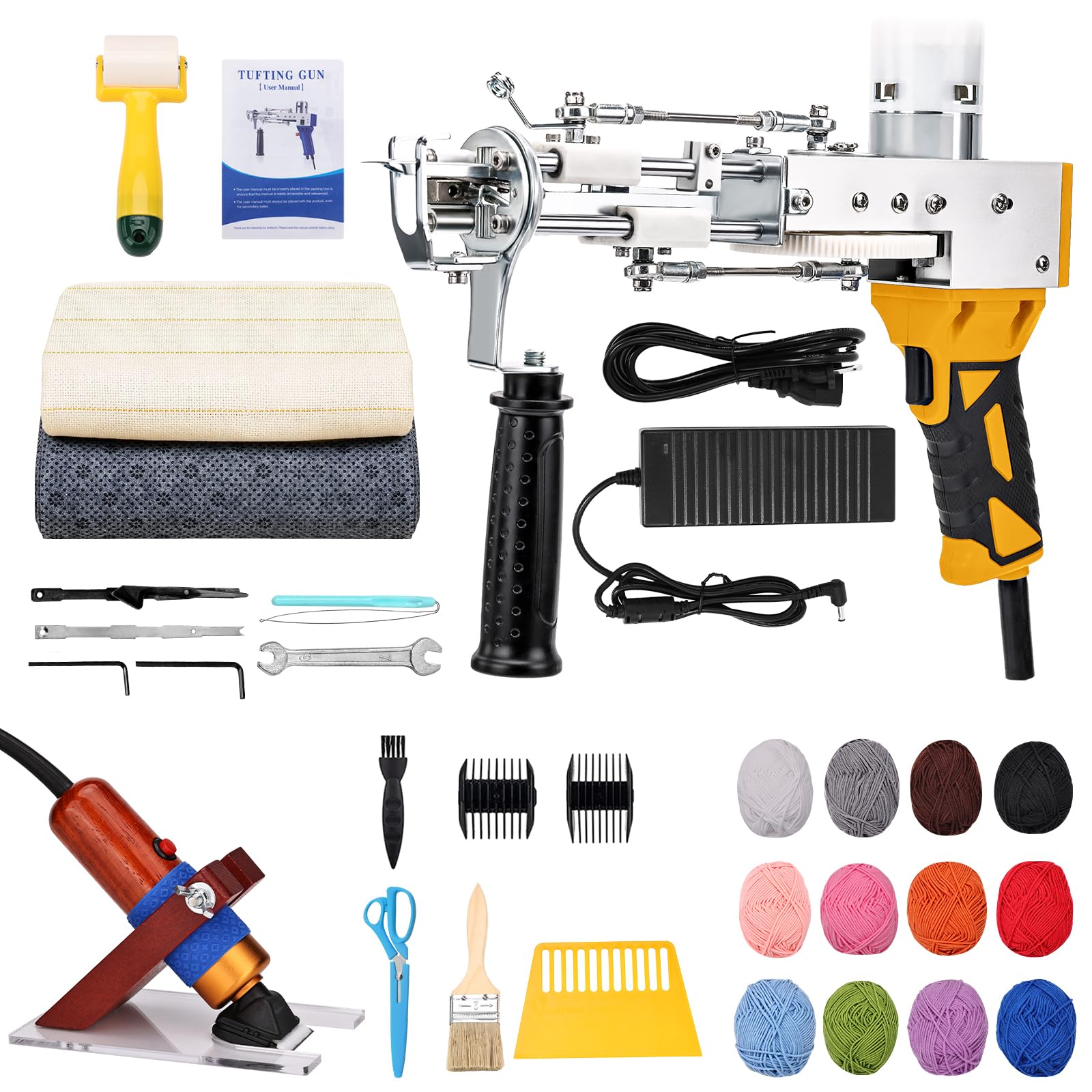Kit pistola tufting tappeto con kit trimmer tappeti, pistola antiscivolo con display digtiale della velocità, macchina tufting con panno tufting |filato|kitroll|spazzola (giallo)
