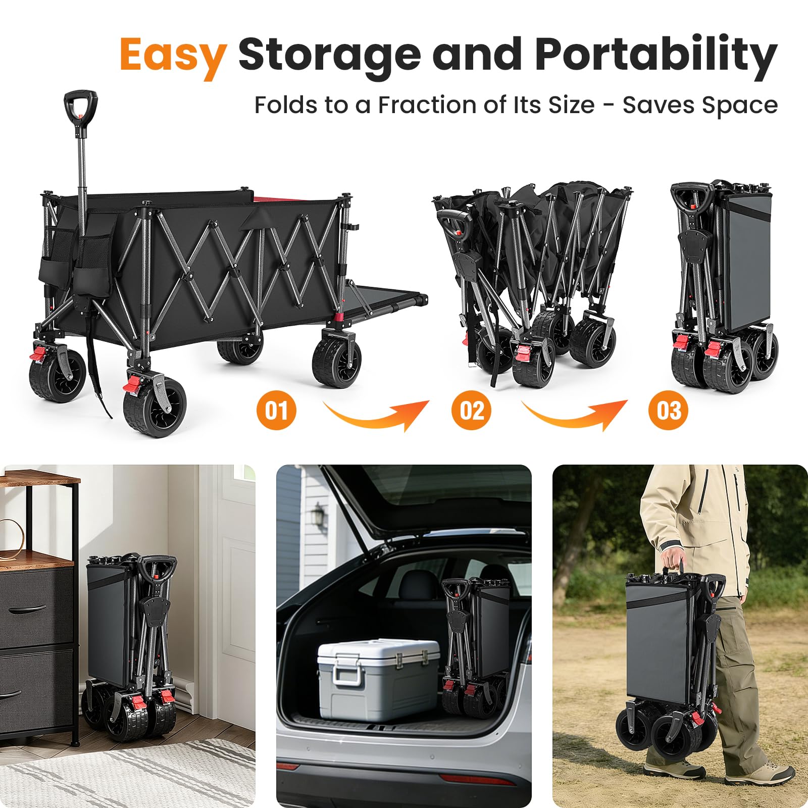 YEAUPE PRO Carro Plegable Todo Terreno – Frenos Dobles, Ruedas Anchas, Estructura Reforzada, Mango Ajustable – Ideal para Playa y Camping – 200-300L, Negro — view 9