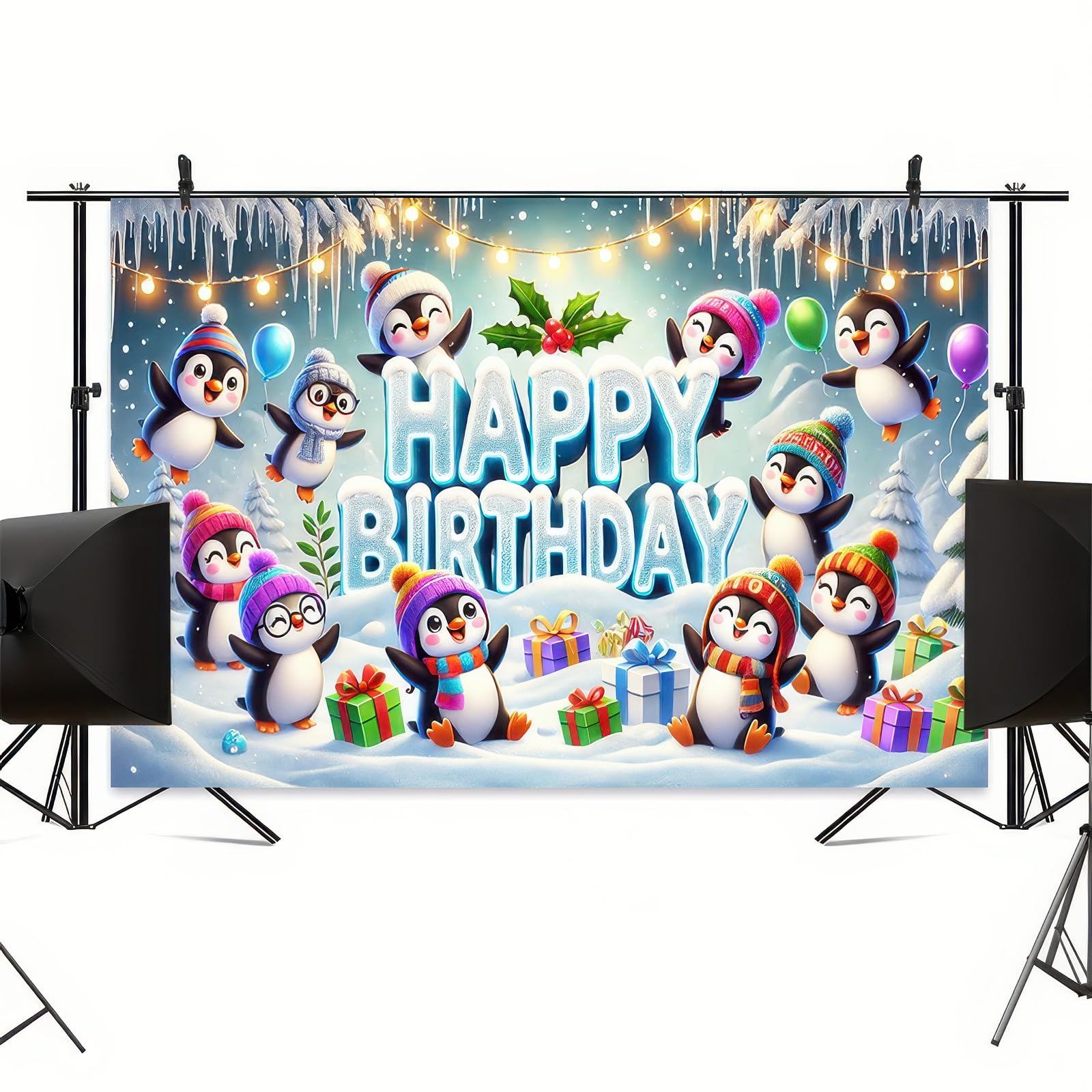 BlissYard Penguin Happy Birthday Banner 71x43 Inch Winter Penguin Happy Birthday Backdrop Photography Background Party Decorations Childen Kids