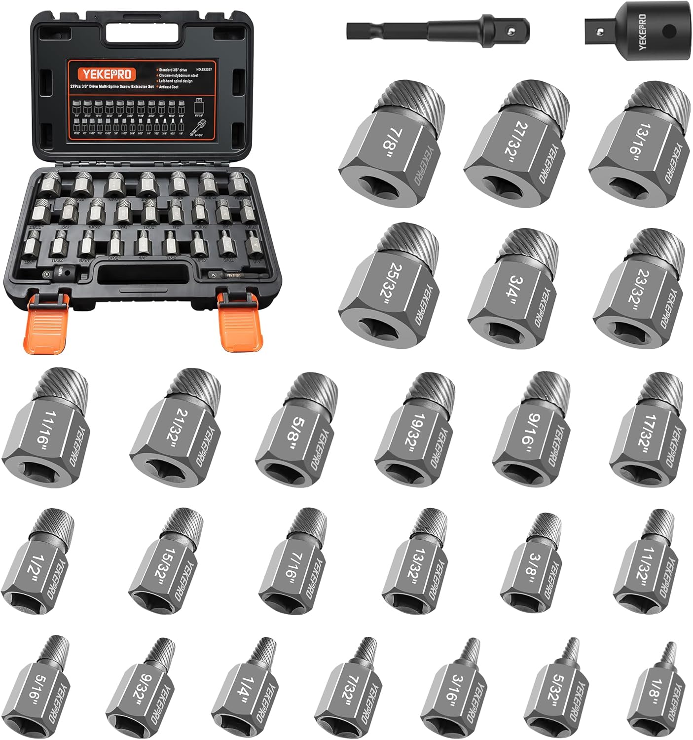 27Pcs Screw Extractor Set, 3/8-inch Drive Chrome Molybdenum Alloy Steel Bolt Remover, Multi-Spline Easy Out Bolt Extractor Set for Broken Bolts, Screws, Studs