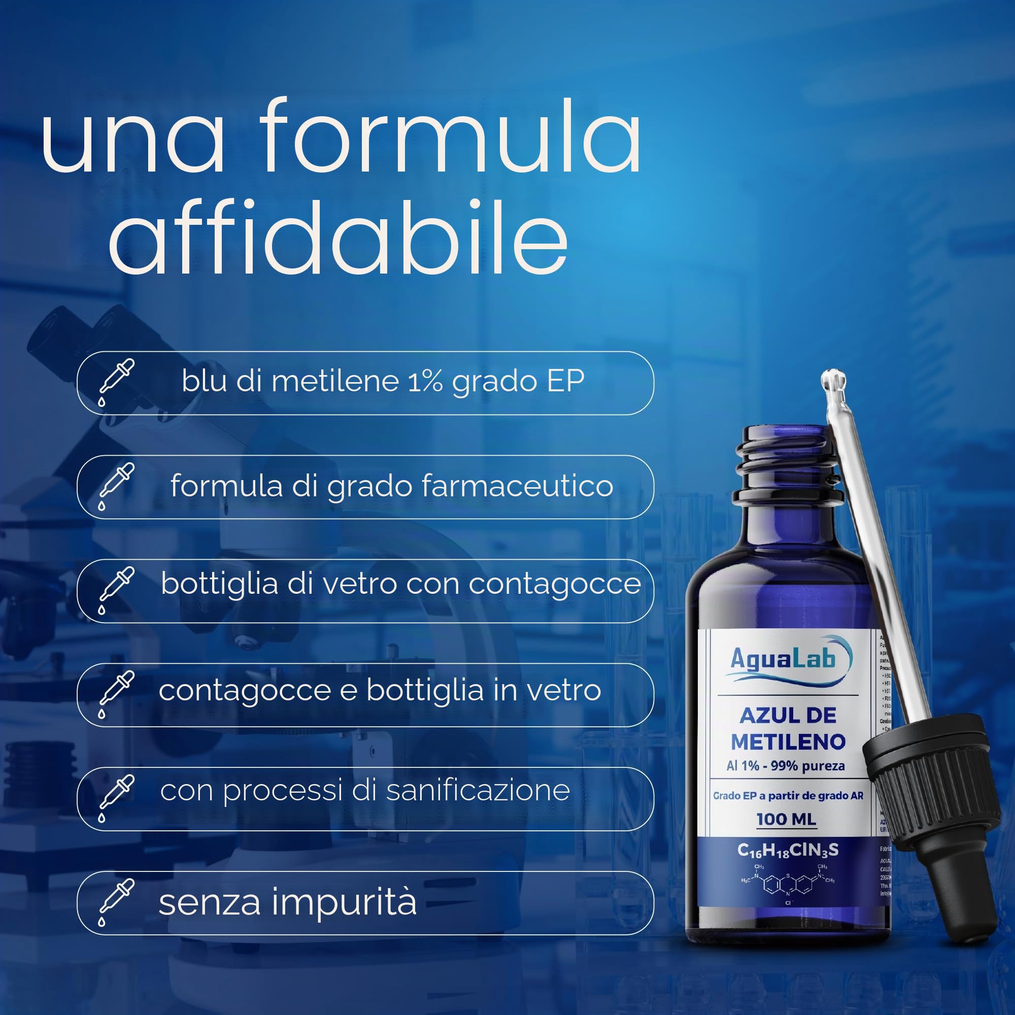 Blu di Metilene 1% Soluzione Grado EP 100 ml Alta Purezza 99% Flacone di Vetro Ambra con Dosatore
