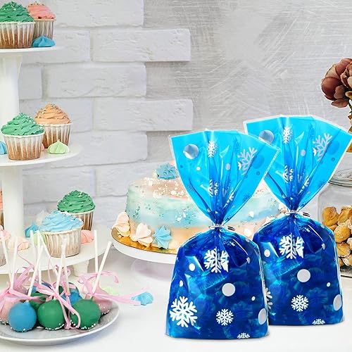 Miniatura 7 de Outus 50 bolsas de regalo de Navidad con patrón de copo de nieve, bolsas planas de celofán de plástico para fiestas para panadería, palomitas de
