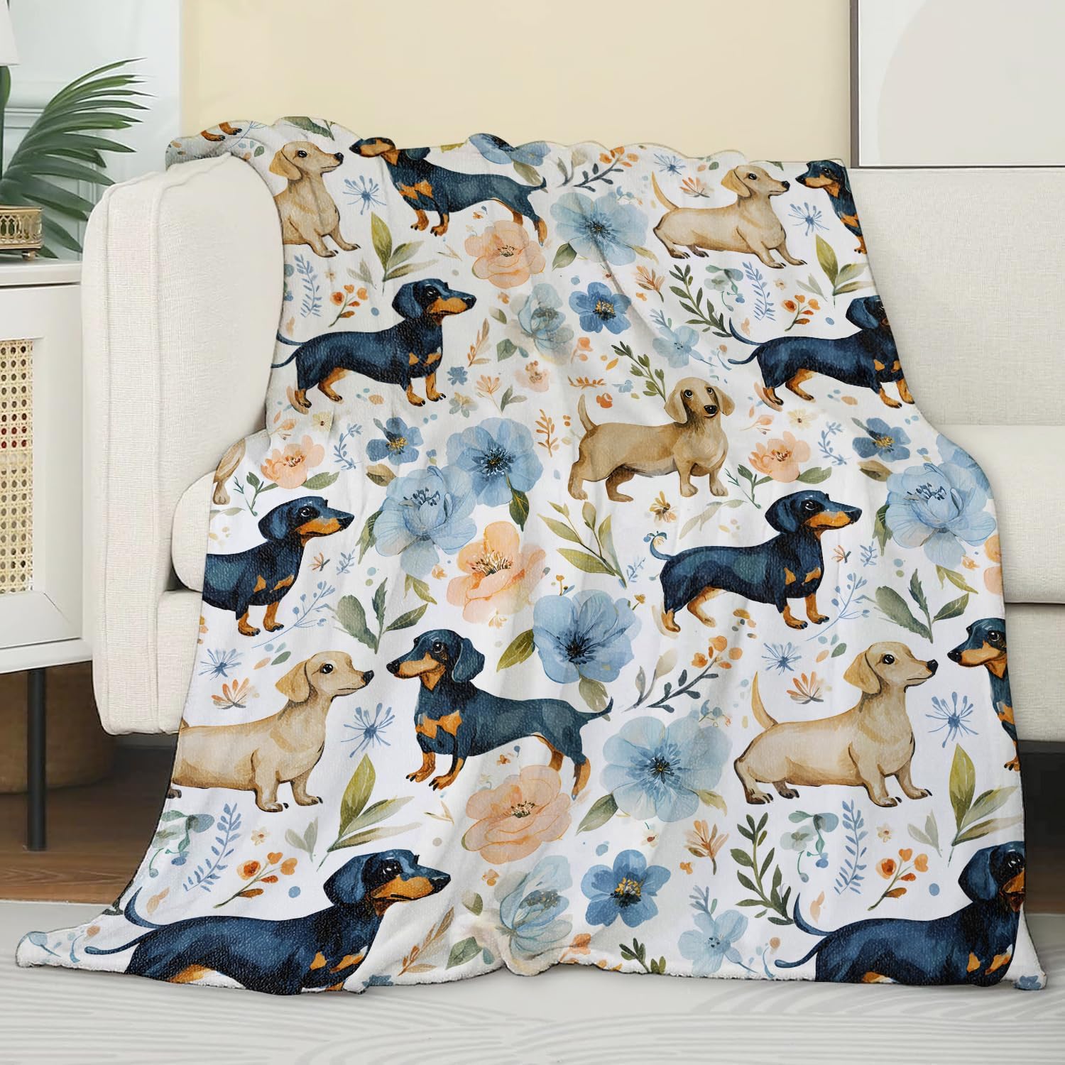 Cute Dachshund Floral Blanket,Funny Dog and Colorful Flower Blankts,Gifts for Kids Puppy Lovers,Home Dorm Cabin Pet Area Picnic and Travel Decor, Soft Cozy Lightweight Flannel Throw,50"x60" - Image 2