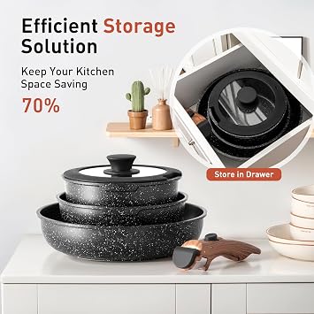 DishDelight Removable Handle Pots and Pans, 10 Piece Black Granite Induction Cookware Sets Non Stick, Stackable RV Cookware Set for Camping