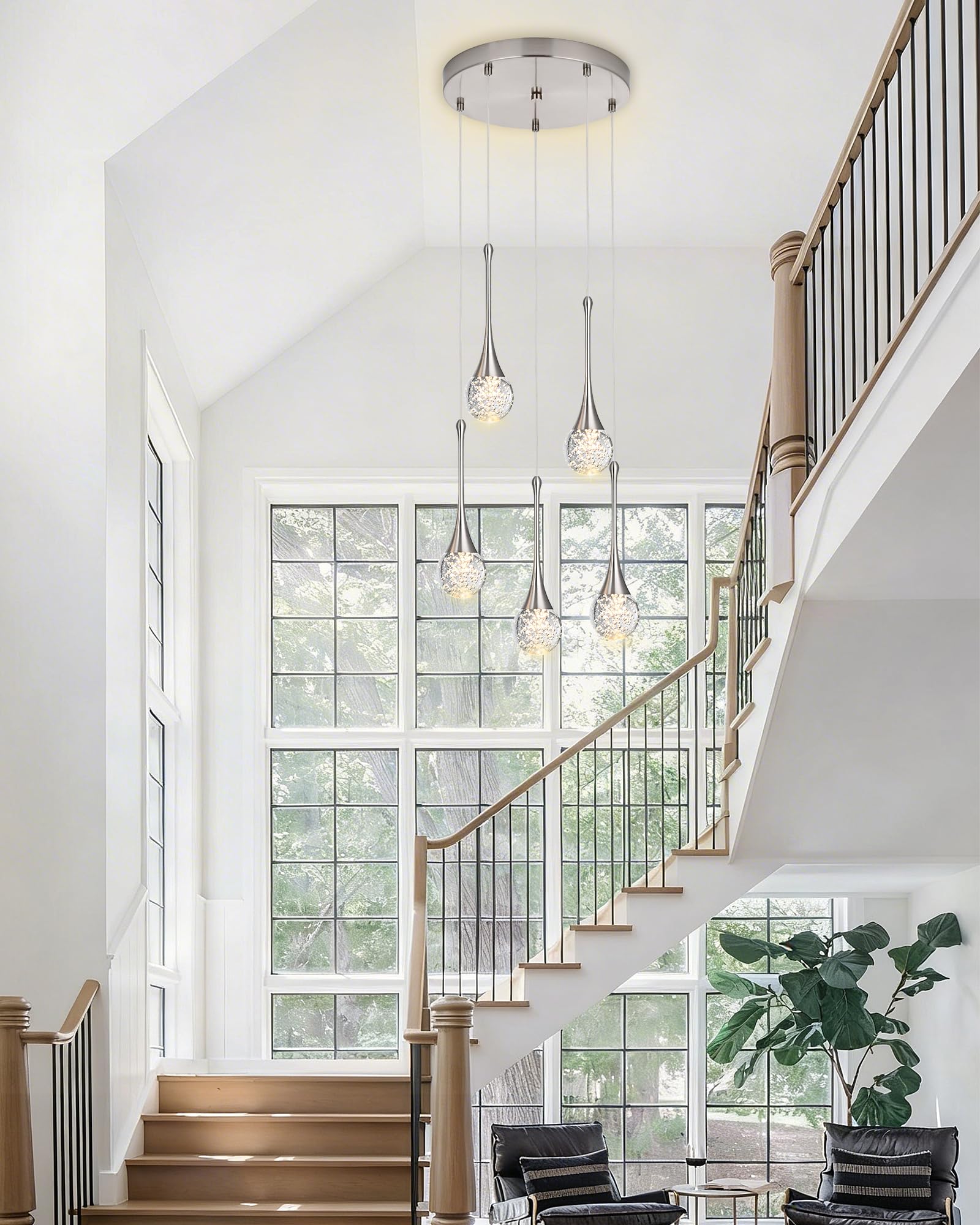 VINLUZ 5-Light Brushed Nickel Crystal Chandelier Dimmable LED Bubble Raindrop Round Ceiling Lighting Fixture Luxury Glam Adjustable Spiral