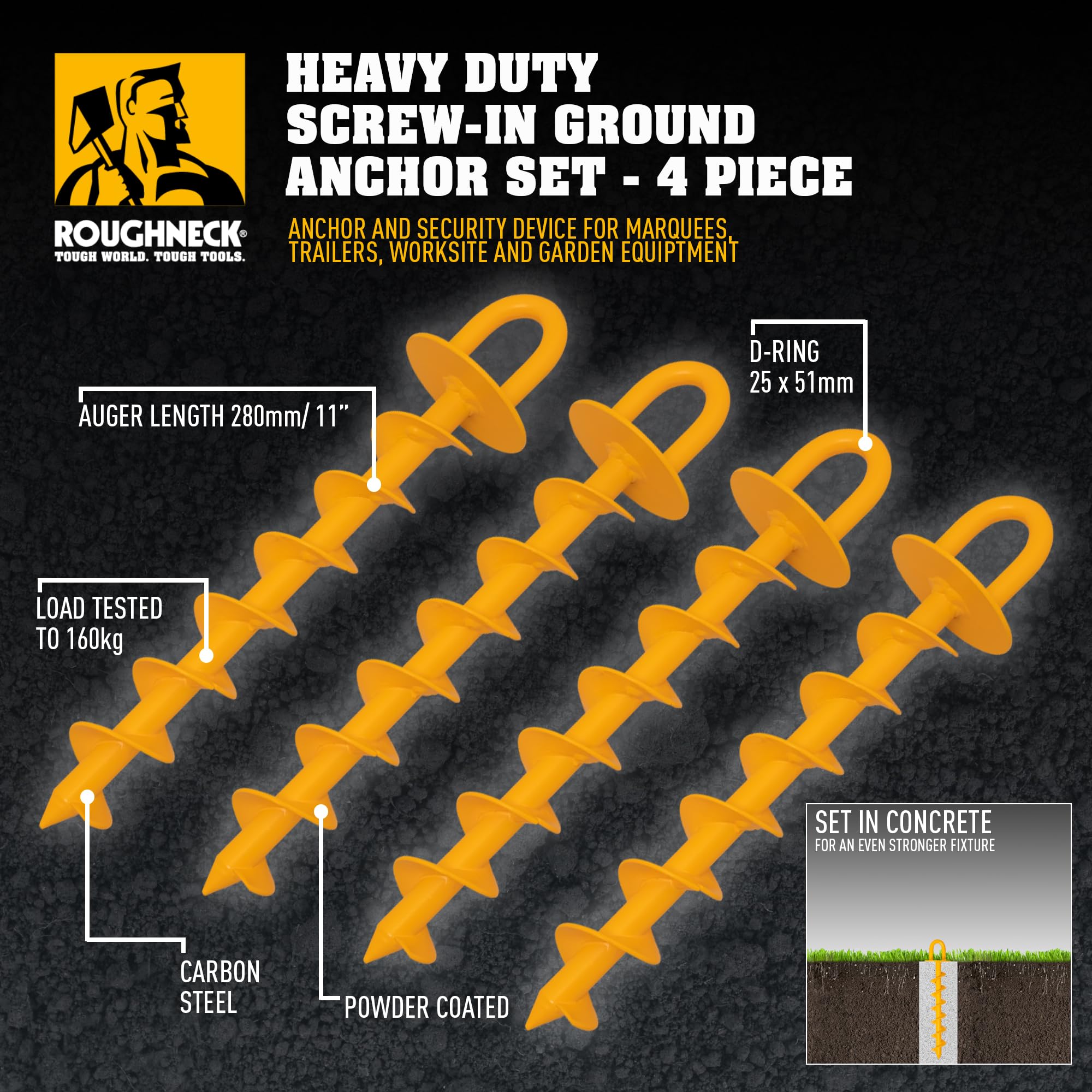 Roughneck® Heavy Duty Ground Anchor 4 Piece Set 4 x 340mm 160kg Load Tested
