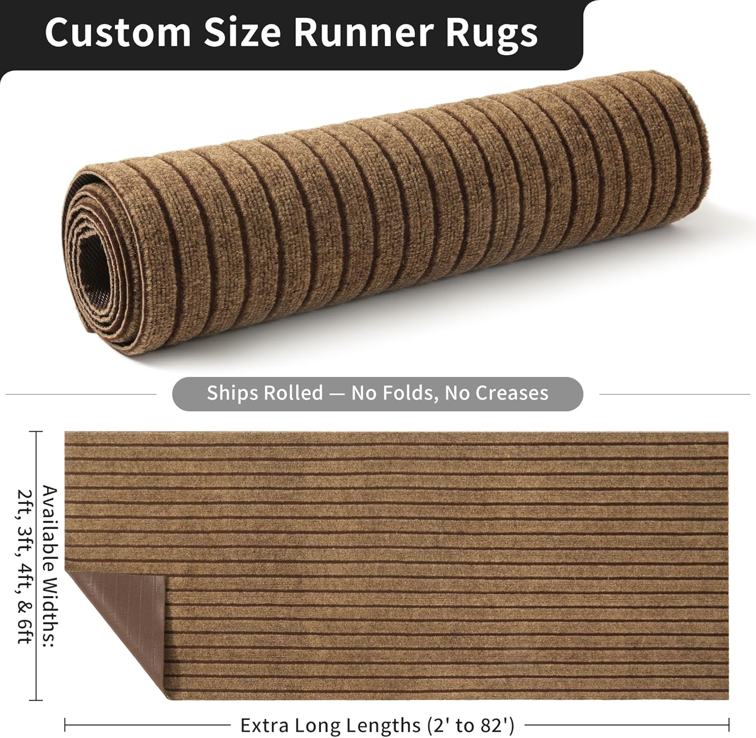 2ft x 6ft Runner Rug, Non Slip Indoor Outdoor Rugs, Waterproof Low Profile Carpet Runners for Hallway Entryway Kitchen Garage Patio Balcony, Custom, Brown Stripes