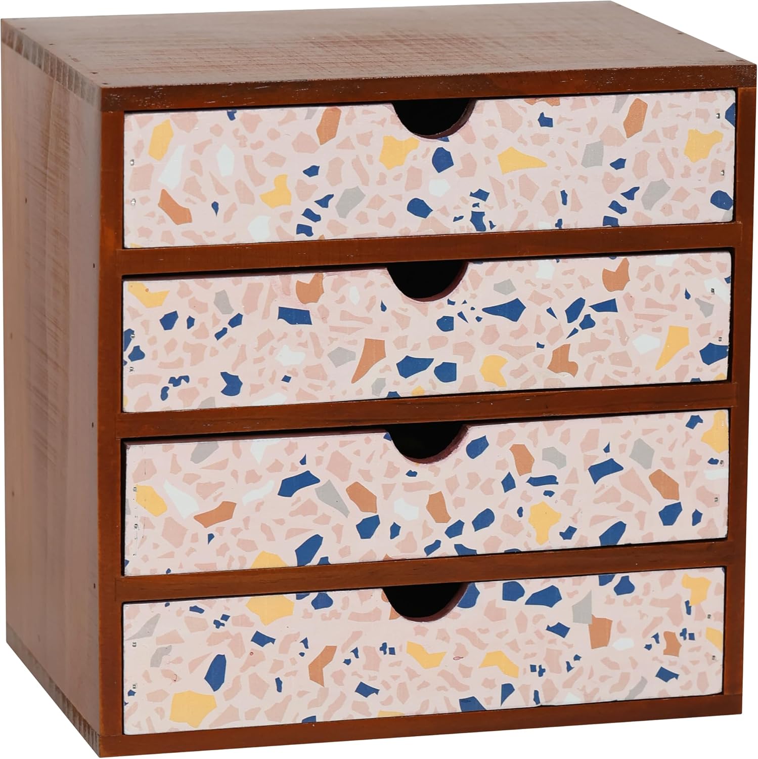 Terrazzo Pattern Wooden Desk Organizer – 4-Drawer Desktop Storage – Modern & Rustic Wood Cabinet for Office Supplies, Craft Tools, & Home Organization – Cute Drawer Unit