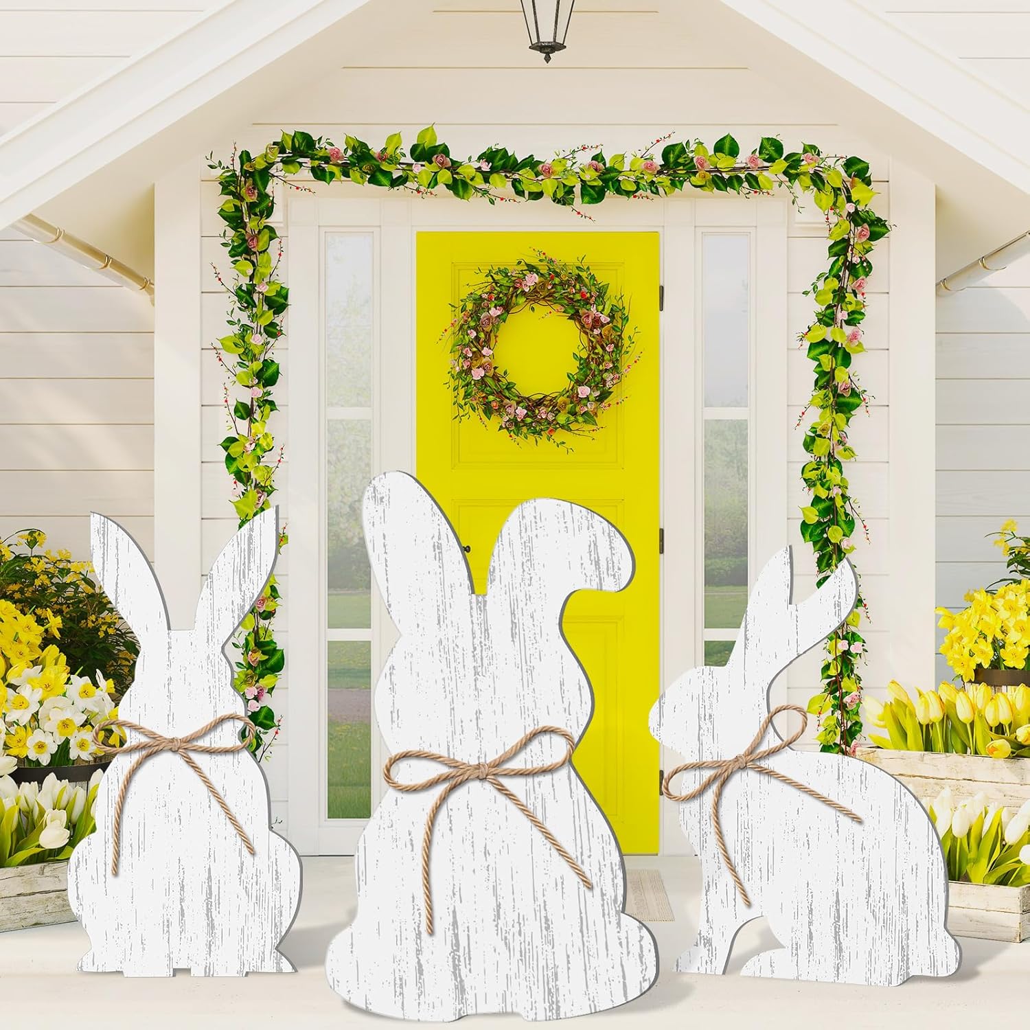 3 Pcs 20.8/15.7/11.8 Inch Easter Bunny Porch Standings Decor Large Easter Wooden Outdoor Bunny Sign Farmhouse Rabbit for Yard Front Door Kitchen Garden(Old White)