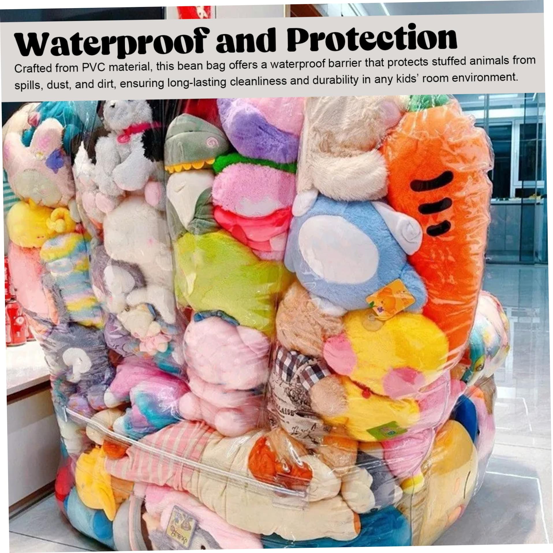Puf transparente para almacenamiento de animales de peluche, bolsa organizadora impermeable de PVC para niños con cremallera, almacenamiento de juguetes de peluche para dormitorio y sala de jueg