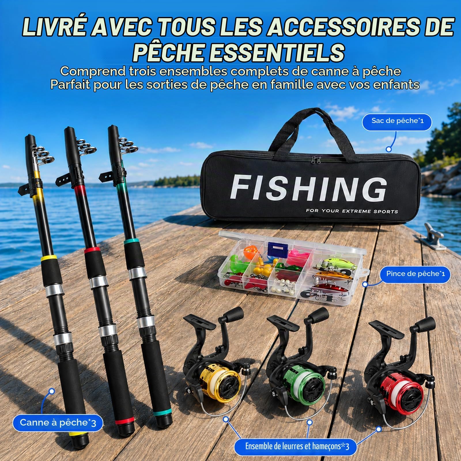 Lot de 3 cannes à pêche télescopiques pour enfants - Avec moulinet 5.2:1 - Accessoires - Boîte à appâts - Sac de transport - Kit de démarrage pour débutant - Pour eau douce et eau salée - 1,8 m