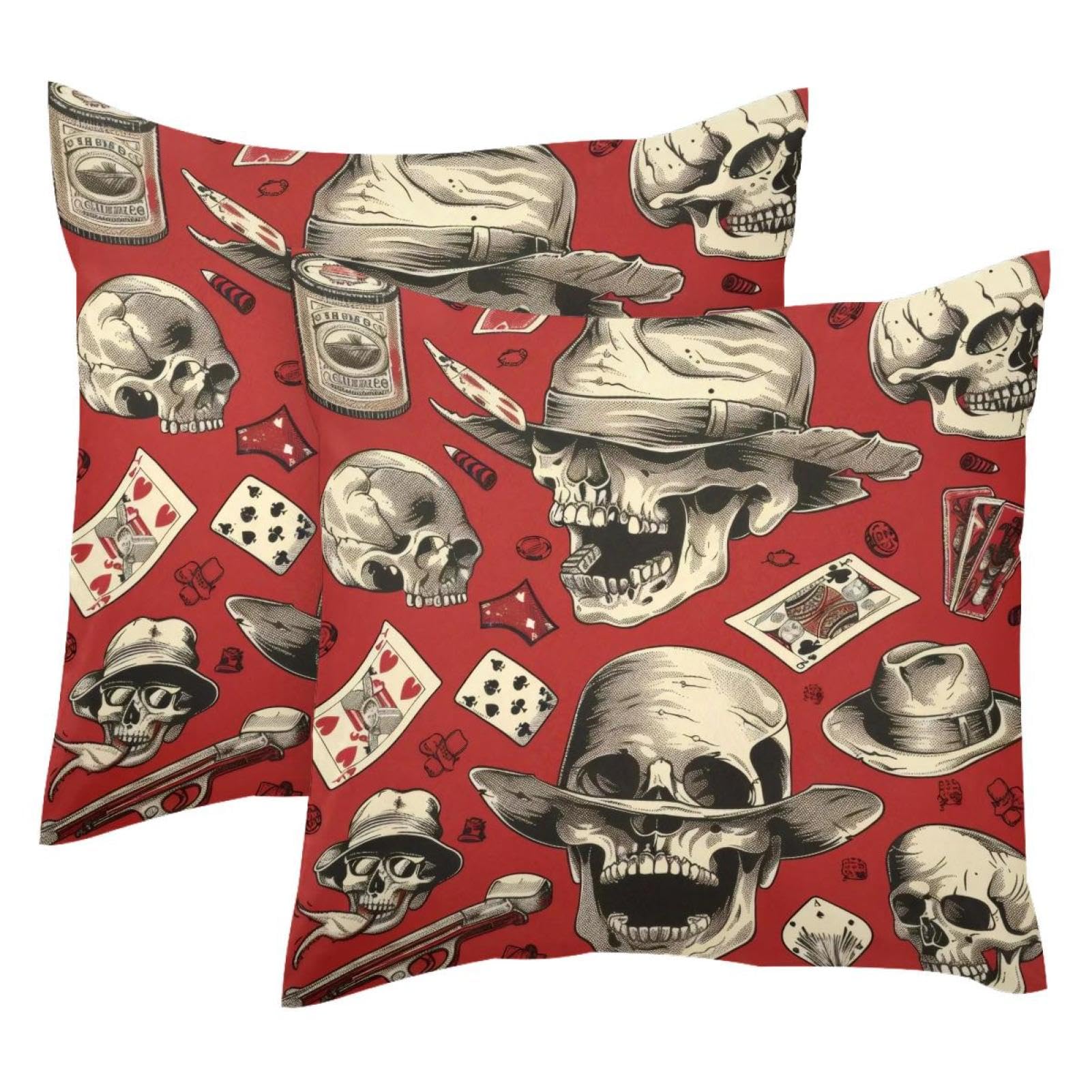 Housse de coussin velours 50x50 cm pour relooker un salon design avec motif poker et têtes de mort