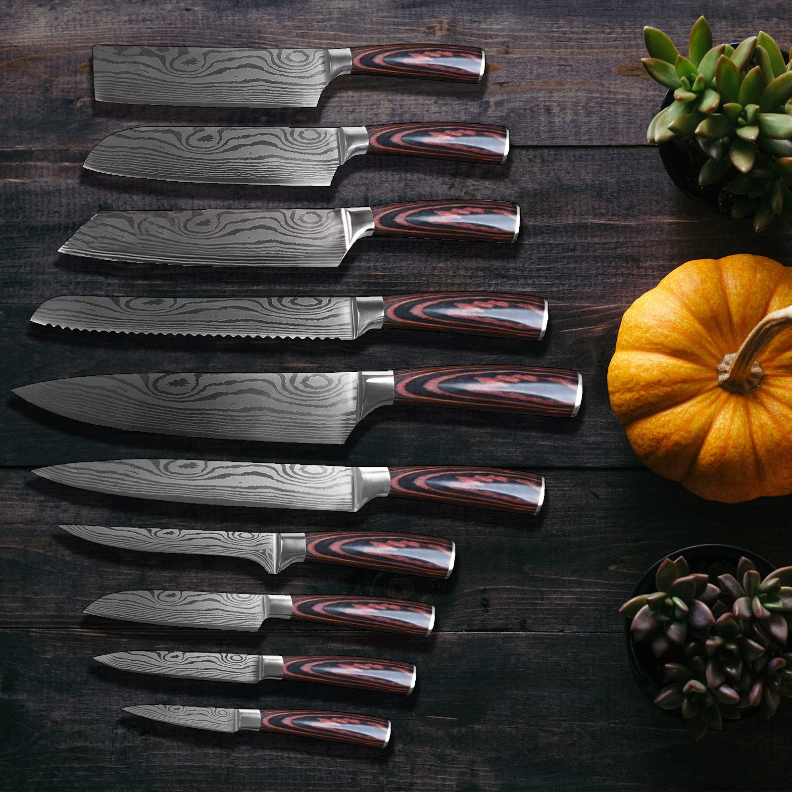 Couteau Cuisine 10 Pièces Couteaux de Cuisine Ultra Sharp, avec Poignée Ergonomique Anti Dérapante, Idéal pour la Cuisine à Domicile et Restaurant
