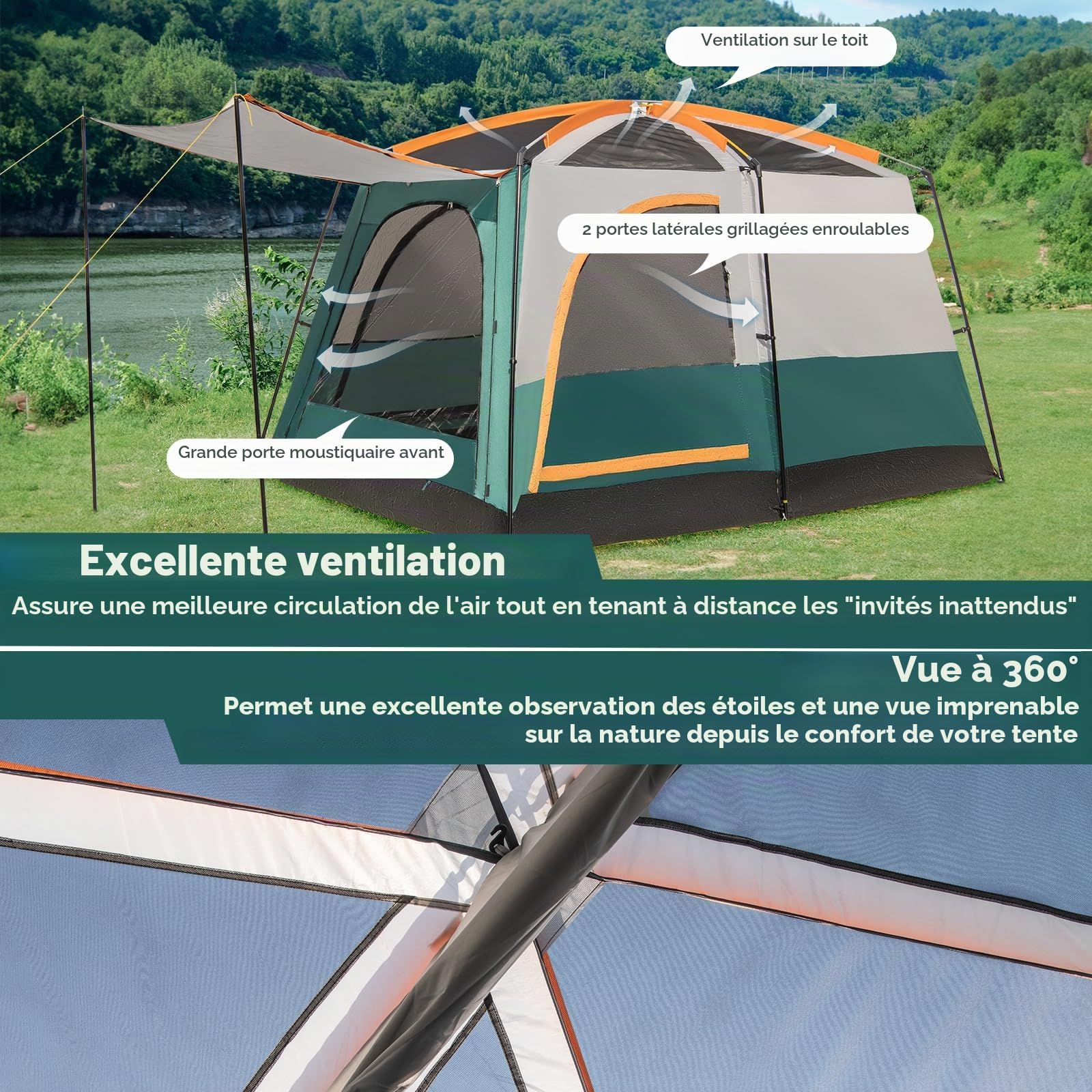 FANTASK Tente de Camping pour 4 à 6 Personnes, Grande Tente Tunnel avec Sac de Transport, Tente avec auvent et cloison 2 pièces, imperméable, Bleu