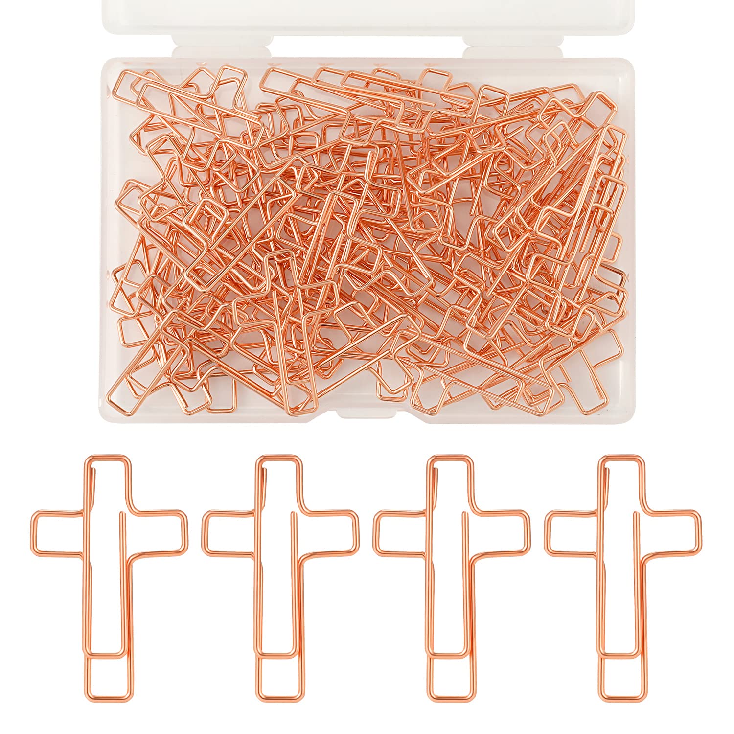 SAVITA 60 Pcs Rose Gold Metal Cross Paper Clips with Plastic Case for Christian Women Men Office School Home Teachers Staffs