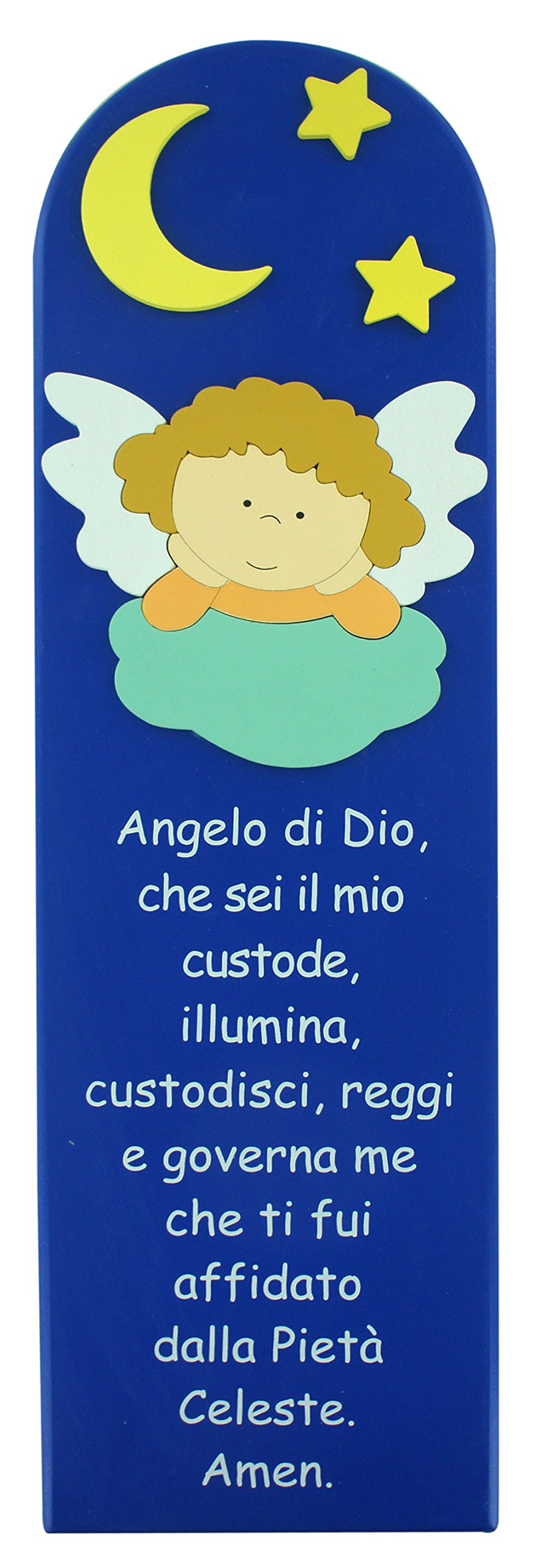 Ferrari & Arrighetti Quadretto per Bimbi, Quadro con Preghiera Angelo di Dio da Appendere al Muro/Parete, Legno Colorato Blu, Idea Regalo per Bambini e Ragazzi del Catechismo, 43 x 13 Cm
