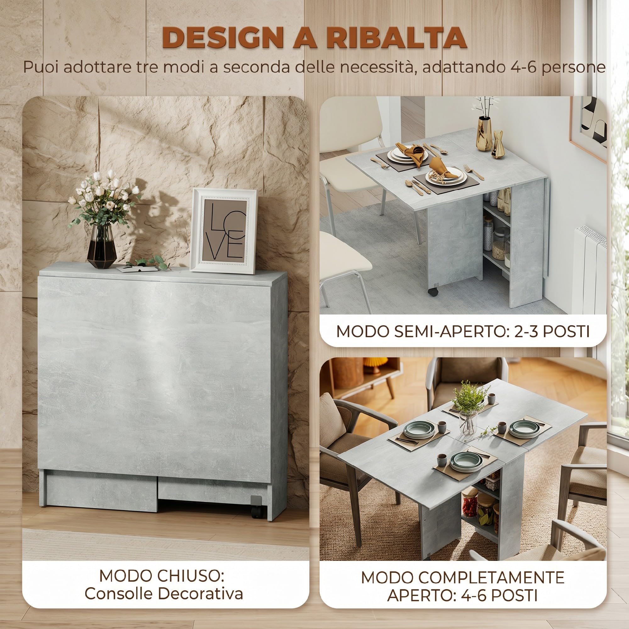 HOMCOM Tavolo da Pranzo Pieghevole, Tavolo Cucina a Ribalta per 6 Persone, Scrivania Richiudibile Salvaspazio con 2 Ripiani Aperti e Ruote a Freno, per Soggiorno, Ufficio, 140x75x74cm, Grigio Cemento