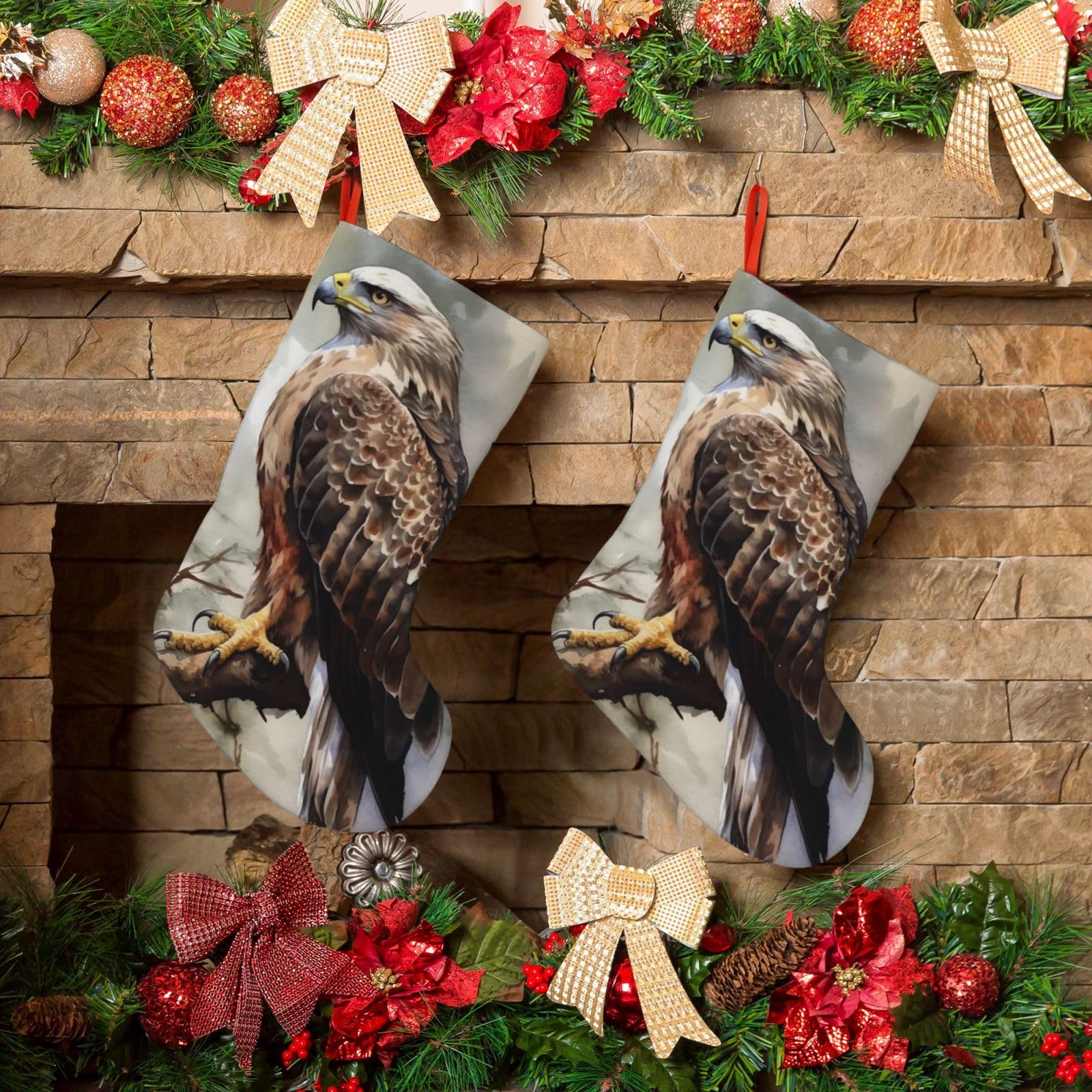 KLOPH Christmas Stockings 18" Personalized Xmas Stocking Watercolor of Hawk Sitting in The Tree Decoration Stocking Hanging Fireplace Stocking for Holiday Xmas Tree Christmas Fireplace Decor