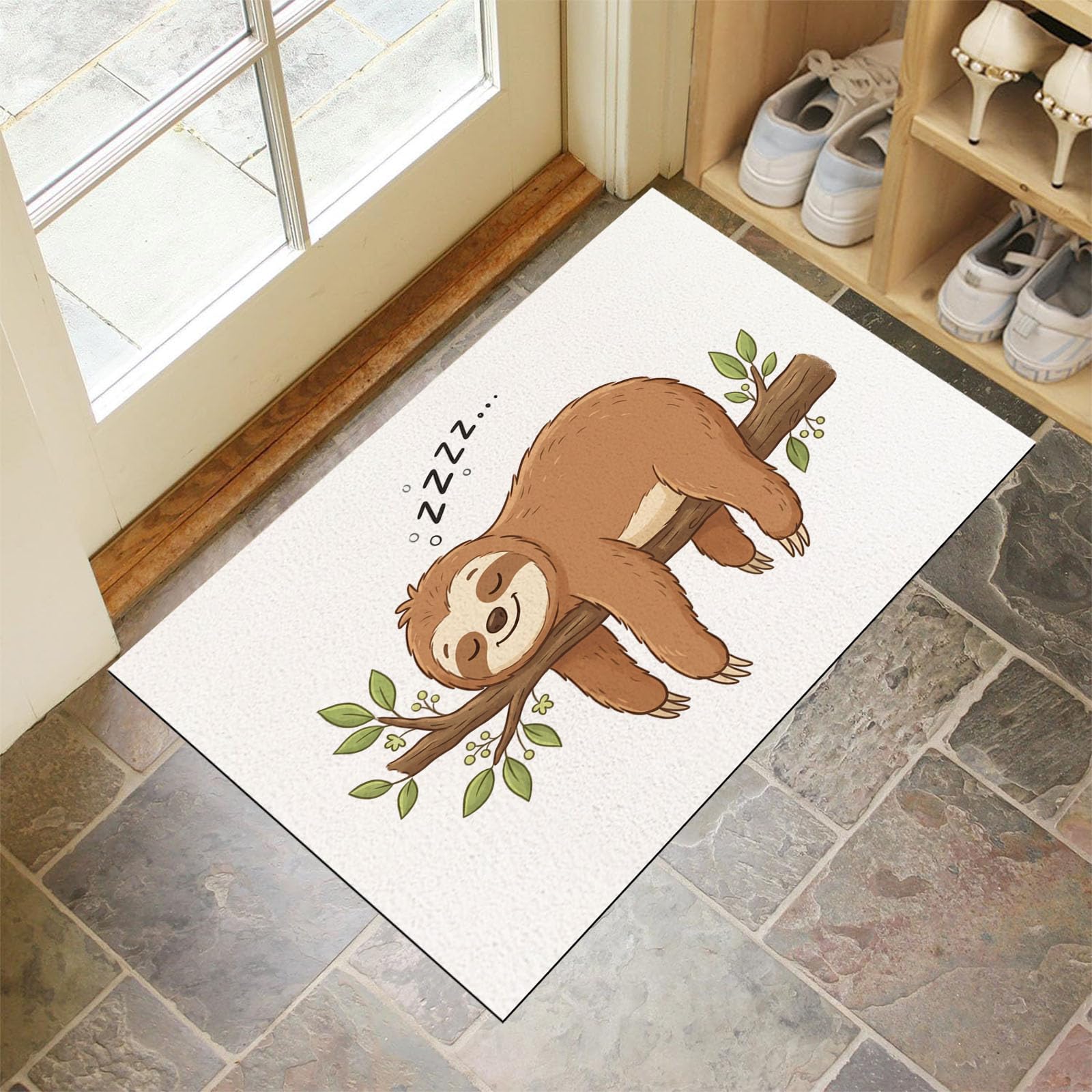 90X150Cm Zerbino Ingresso Interno Antiscivolo Assorbente, Tappeto Microfibra Sottile Lavabile Con Locandine Di Animali Cartone Animato Bradipo Dormiente Rami Per Cucina Bagno Porta Animali, Beige