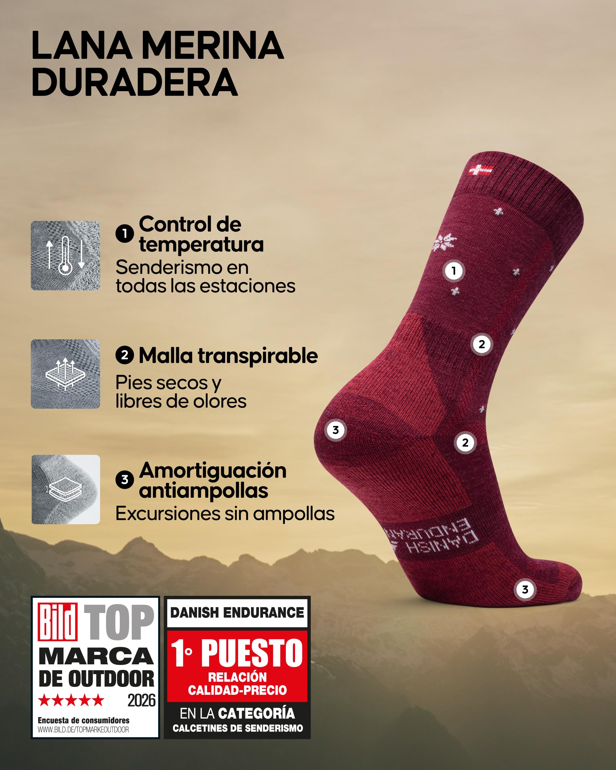 DANISH ENDURANCE Calcetines Senderismo Lana, 3 y 5 Pack MC (1xCozy Azul Marino, 1xCozy Rojo, 1xCozy Light Gris) 39-42