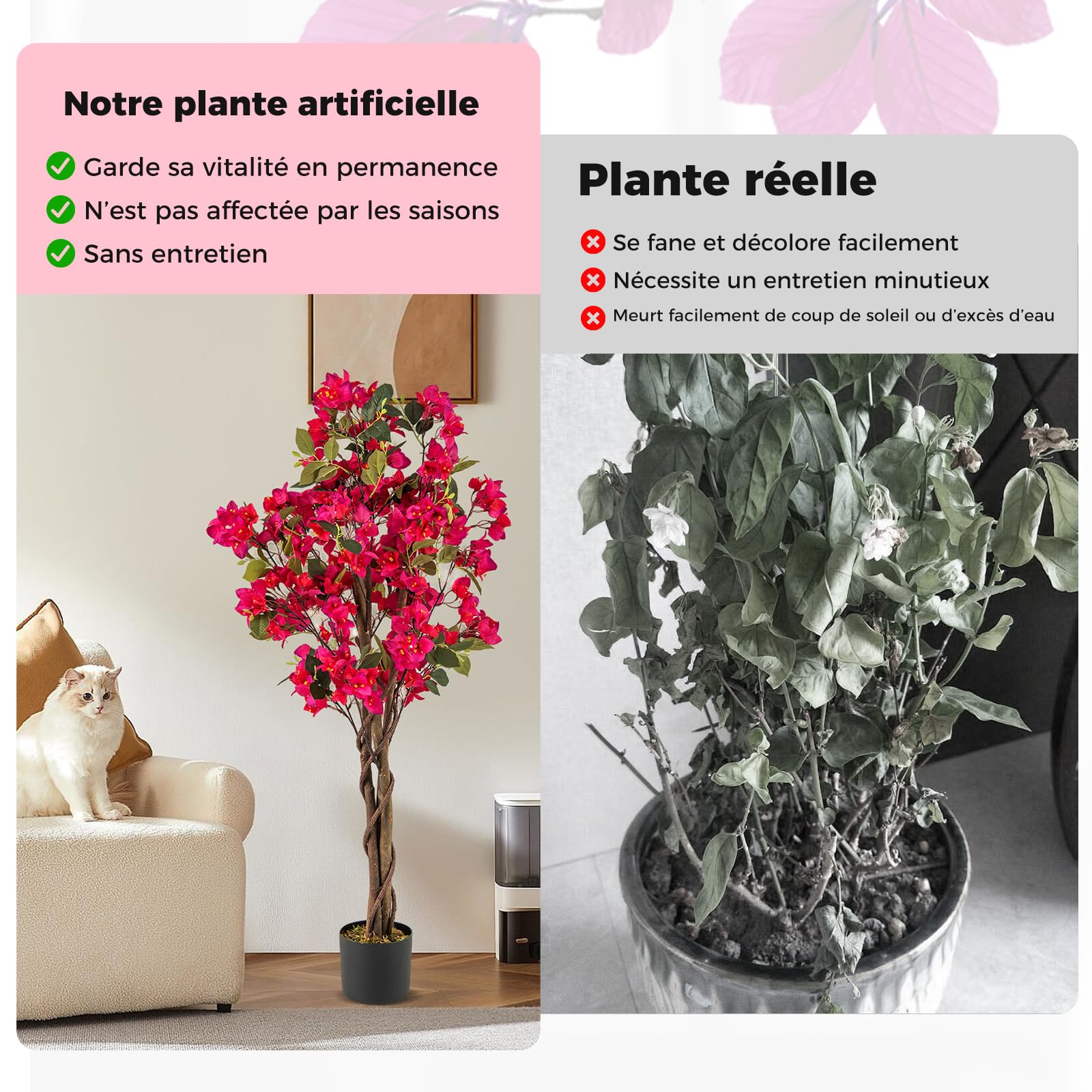 COSTWAY Plante Artificielle Bougainvillier de 120 cm, Plante Fleurie Faussée en Pot de Pépinière avec Fleurs en Pleine Floraison, Fausse Arbre Décoration du Magasin Bureau Maison (Rose 2 Pack)