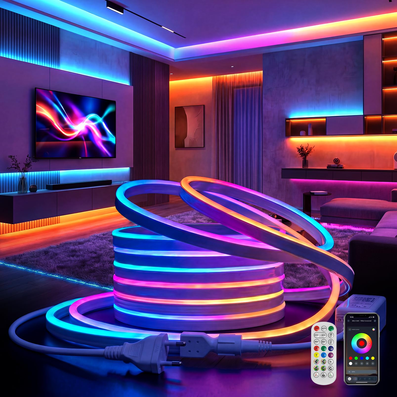 KSIBNW LED Neon Strip 10m RGBIC, LED Streifen mit Fernbedienung & App IP65 Wasserdichte Flexible Lichterschlauch Bluetooth Musik Sync LED Band Timer-Einstellung LED Beleuchtung Dimmbar Farbwechse