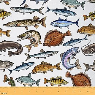 Fish Upholstery Fabric, Ocean Animal Fabric by The Yard, Wild Sea Fish Decorative Fabric, Coloured Fishing Indoor Outdoor Fabric, DIY Art Waterproof Fabric for Quilting Sewing, Brown Blue, 1 Yard