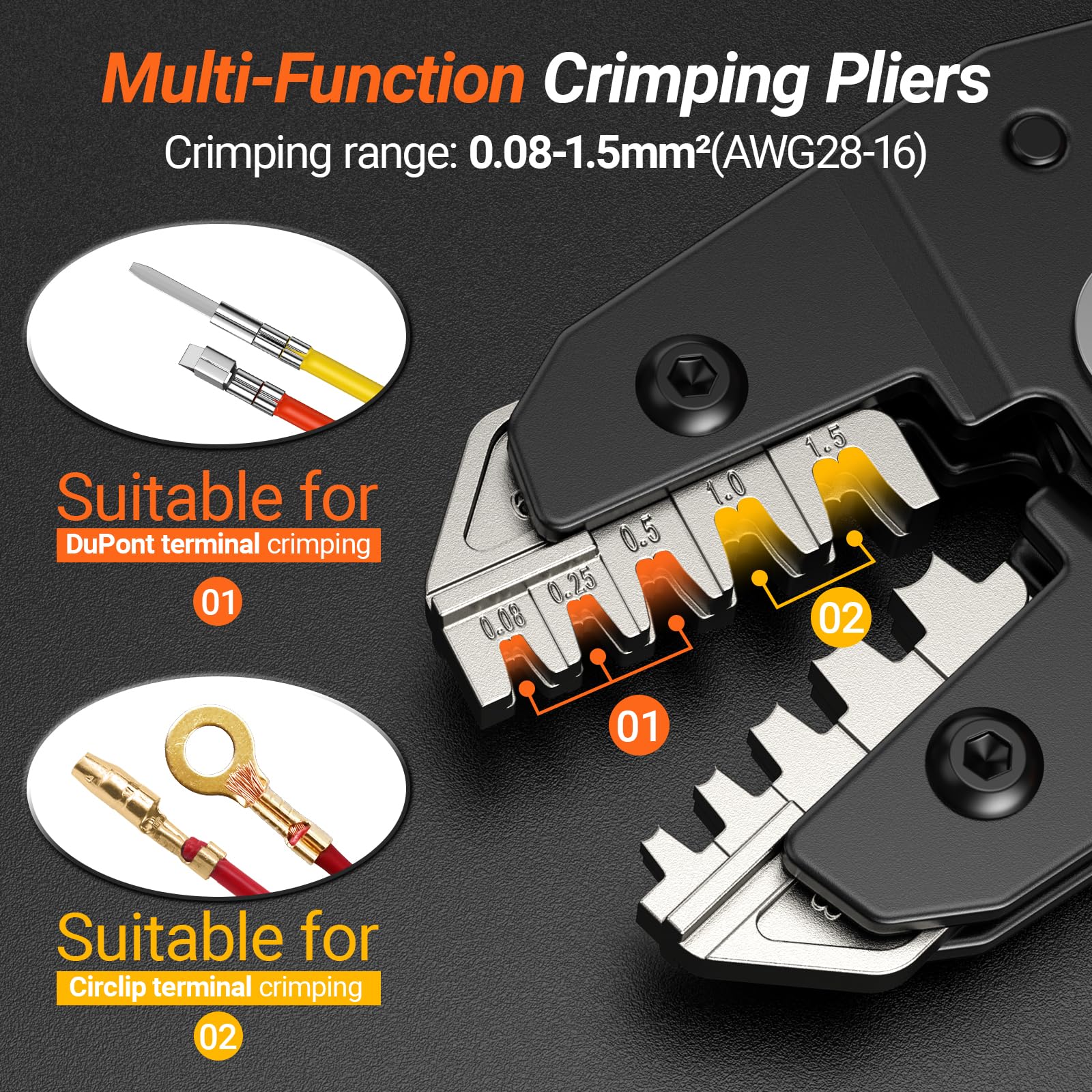 Pince à Sertir, Preciva DoPont Circlip Pince a Sertir pour ATX/EPS/PCIE/SATA Connecteur Bêche, 0.08-1.5mm²/28-16 AWG Pince à Sertir à Cliquet Pince a Cosse pour Les Travaux Électriques