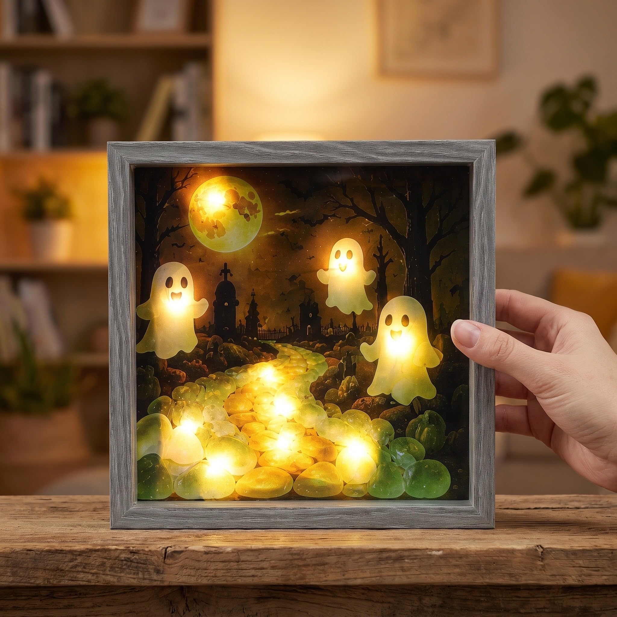 Zerodeko Marco de Fotos con Luz Led - Marco de Fotos de Madera para Halloween - Decoración de Mesa para Regalos de Cumpleaños Y Aniversario para Familiares Y Amigos