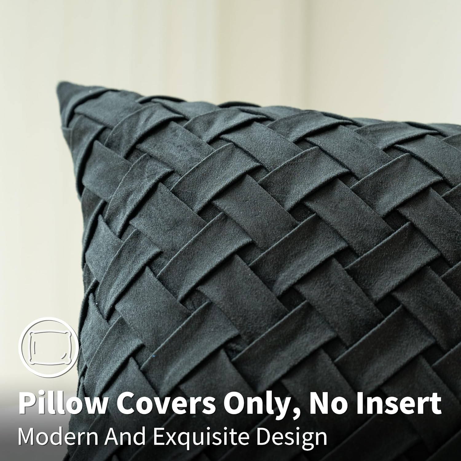 Velvet Decorative Throw Pillow Covers Set of 2, 18x18 Inch Soft Modern Weave Cushion Case, Farmhouse Home Decor Pillowcase for Sofa Living Room Couch Bed Black