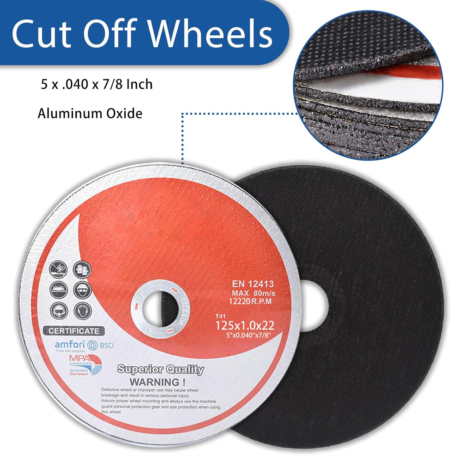 100 Pack 5 Inch Cut Off Wheels for Metal and Stainless Steel Cutting Discs for Angle Grinders 5 x .040 x 7/8 Inch
