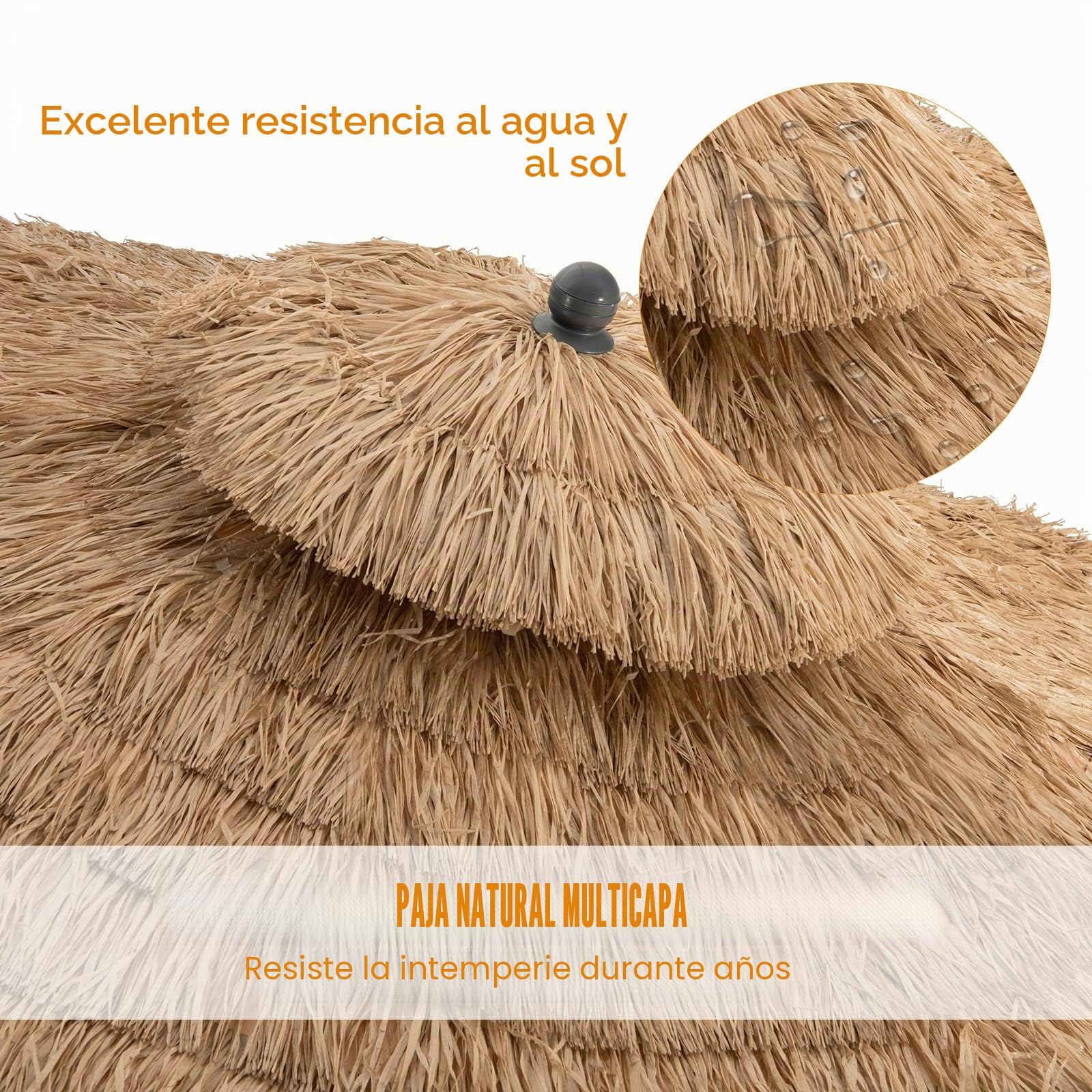 KOMFOTTEU Sombrilla Hawaiana de 2,7m con Doble Techo Plegable | Parasol de Paja de Playa, Sombrilla de Mercado para Jardín, Balcón, sin Base