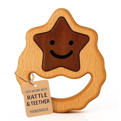 Miniatura 11 de HippoToys - Sonajero de madera para bebés de 0 a 12 meses, sin pintura, sin plástico, sin toxinas, juguete natural inspirado en Montessori, sonido