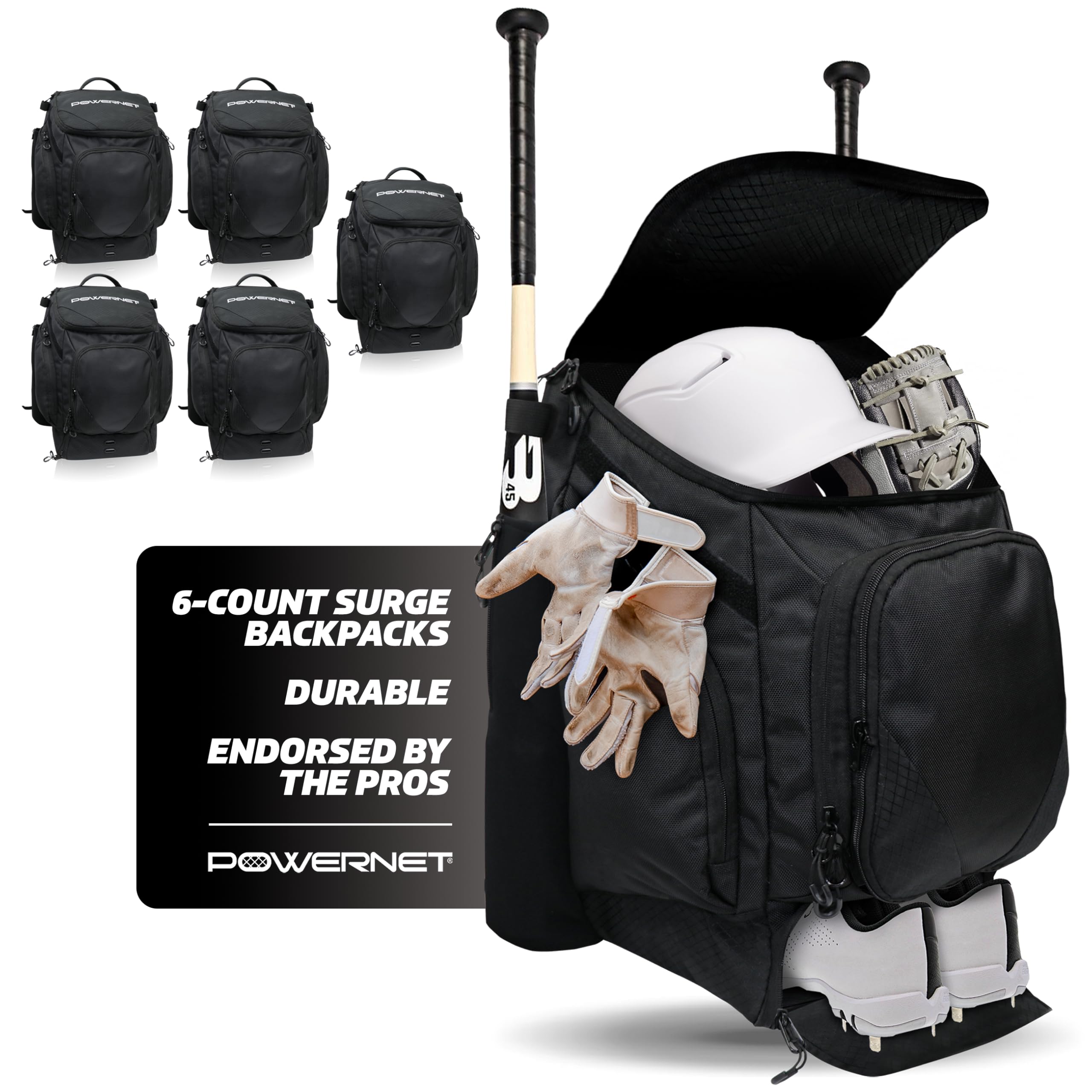 PowerNet Surge Softball Baseball Bag, Dual Bat & Gear Travel Backpack, Baseball Equipment Bat Bag, Baseball Softball Backpack with Dugout Fence Hooks