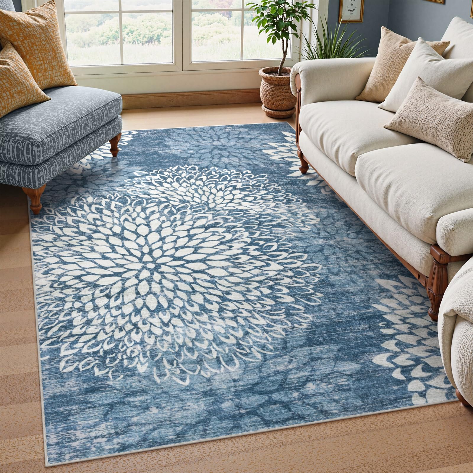 Grand tapis bleu floral Hedlive 1,5x2,1 m pour chambre