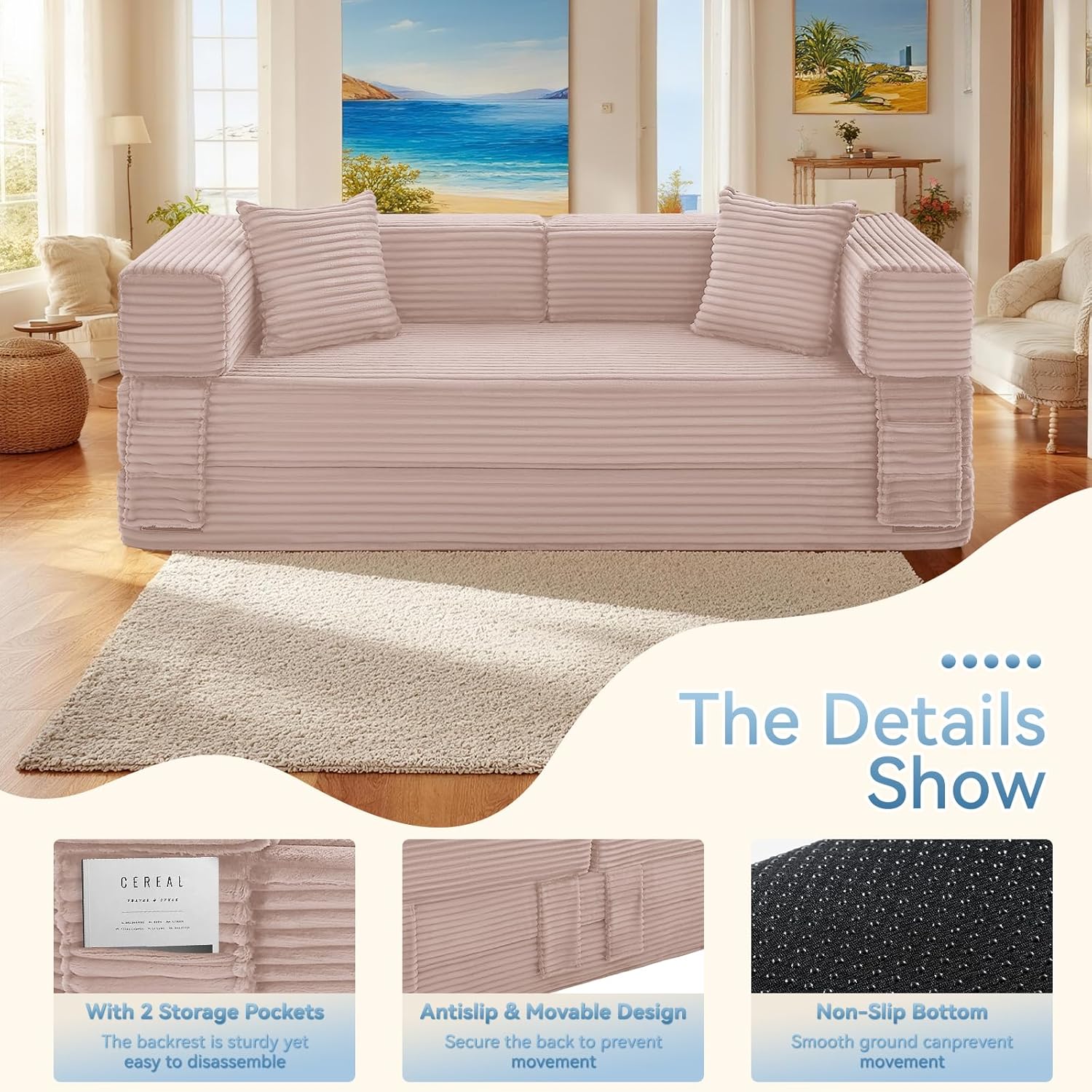 Convertible FoldIing Sofa Bed,5-in-1 Futon Queen Sleeper Sofa with Removable Armrests, Modular Futon Couch with Pull Out Bed,Boneless Couch for Living Room,Compression Sofa in Box, Pink