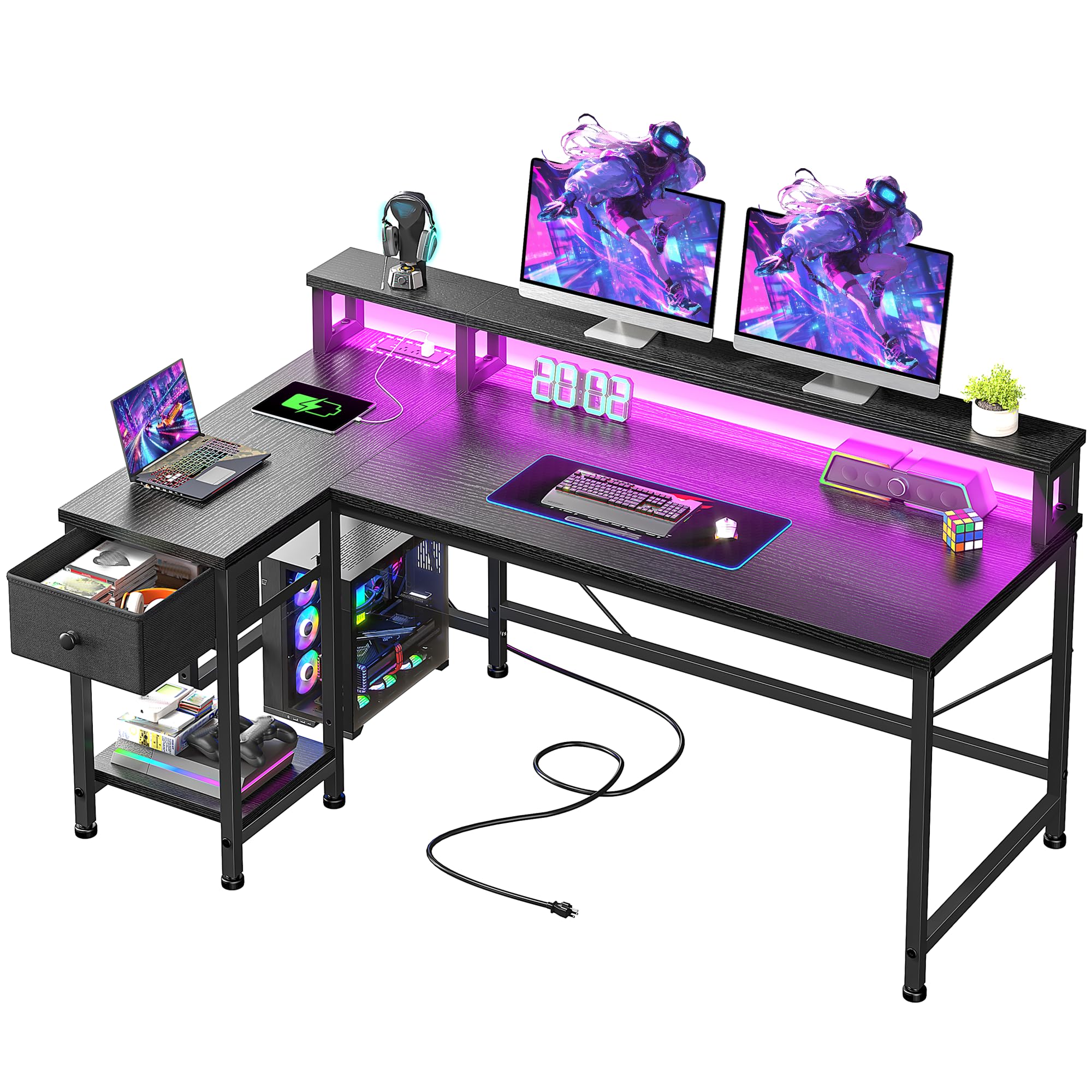 DurayLoly 48" Gaming Desk with Power Outlet, Computer Desk with LED Lights & Drawer, L Shaped Desk with Monitor Stand for Gaming, Home Office Desk for