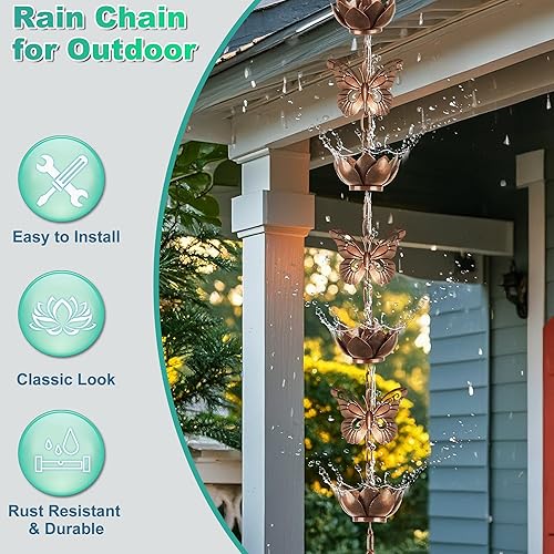 Miniatura 4 de shumi Cadena de lluvia de 8.8 pies para canalones bajantes exteriores, Cadena de lluvia de mariposa con 12 copas de cadena de lluvia de loto de