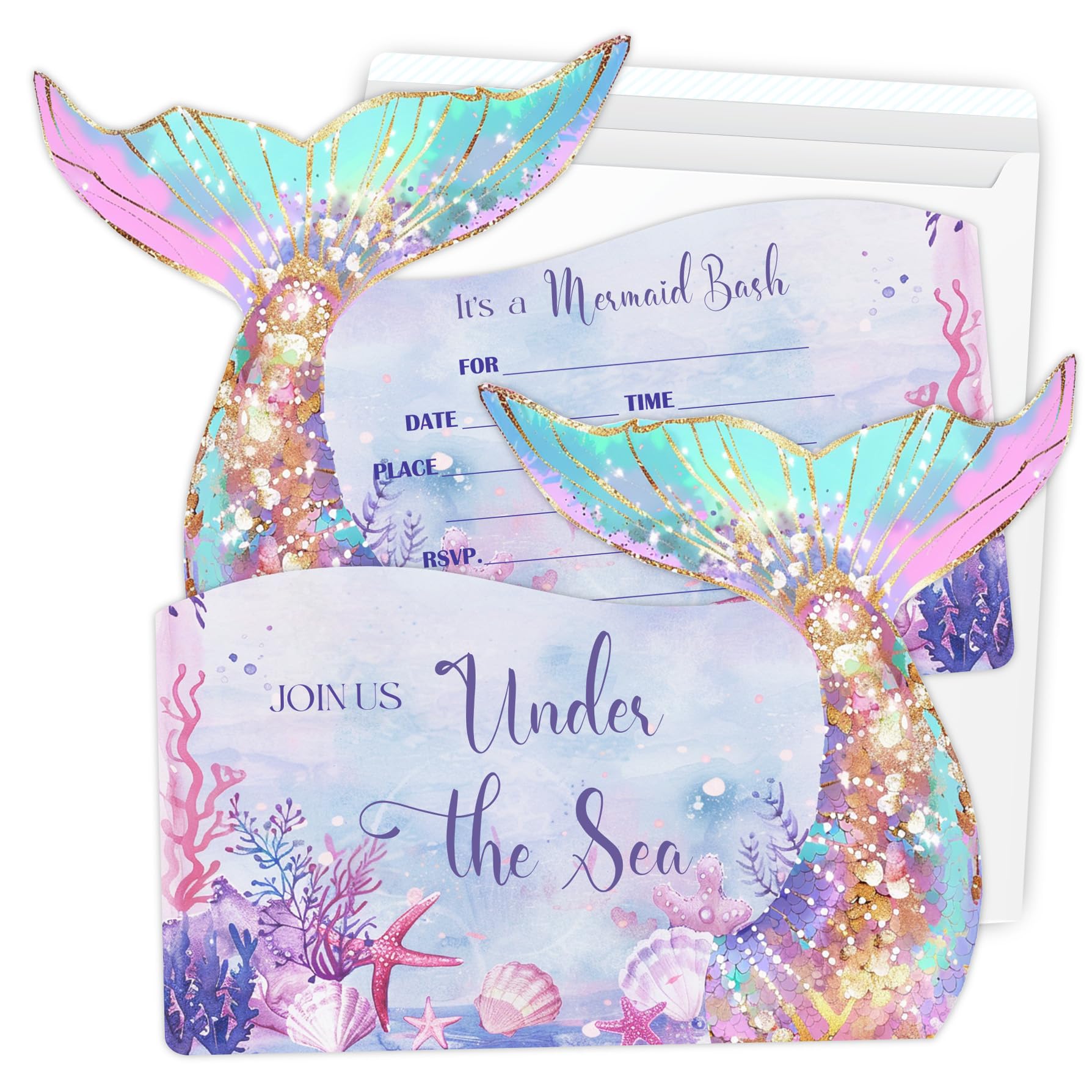 Putocopic Mermaid Girls Birthday Party Invitations, Mermaid Birthday Invitations with Envelopes for Kids Birthday Party, Pool Party, 5x7 Inches