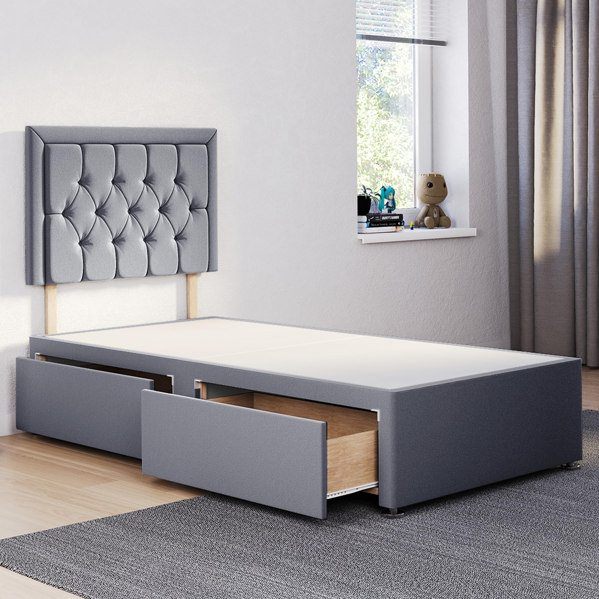 ComfoRest - Chic 3FT Single Divan Bed with 2 Drawers, 24" Sarah Headboard – Practical Single Bed with Storage and Durable Divan Base for Stylish Homes (Grey Plush) — image 1