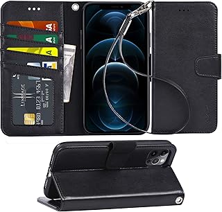 Arae Compatible with Case iPhone 12 Pro Max Wallet Flip Cover with Card Holder and Wrist Strap - Black